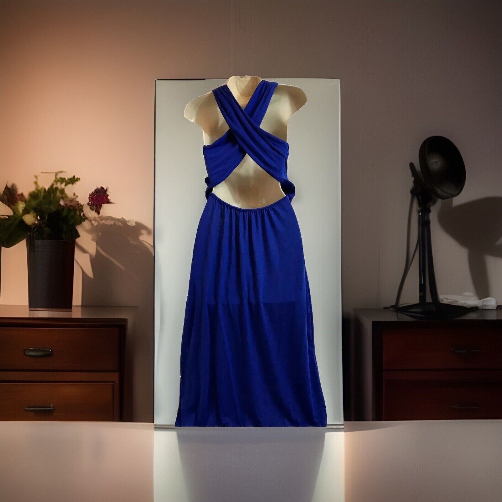 Poof Couture Dress Womens M Crisscross Maxi Electric Blue Long Slit Glamcore