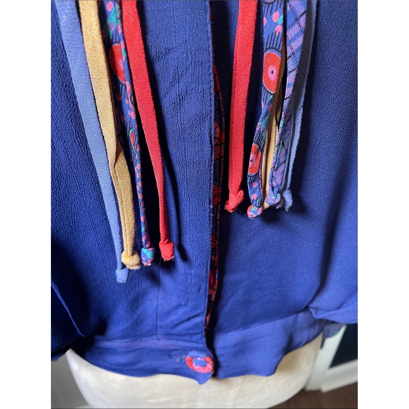 Vintage Carole Little Navy Blue V-Neck Blouse with Multicolor Tassel Trim Sz M