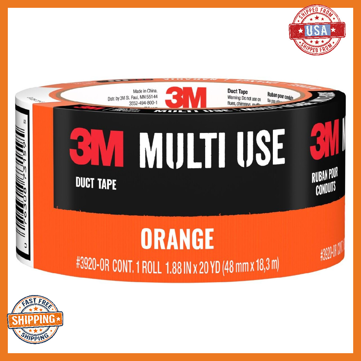 3M Multi-Use Colored Duct Tape Orange 1.88in x 20yd Water-Resistant Indoor/Outdo