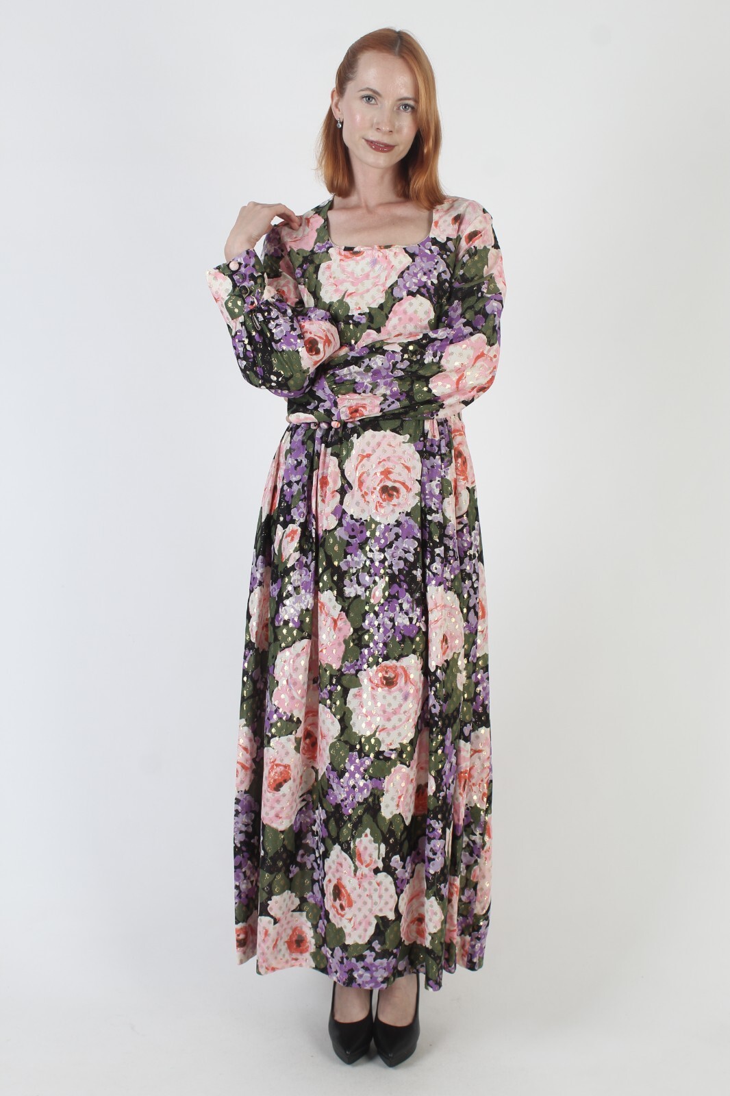 Vtg 70s Gold Metallic Dress Long Floral Cocktail Party Evening House Lounge Gown