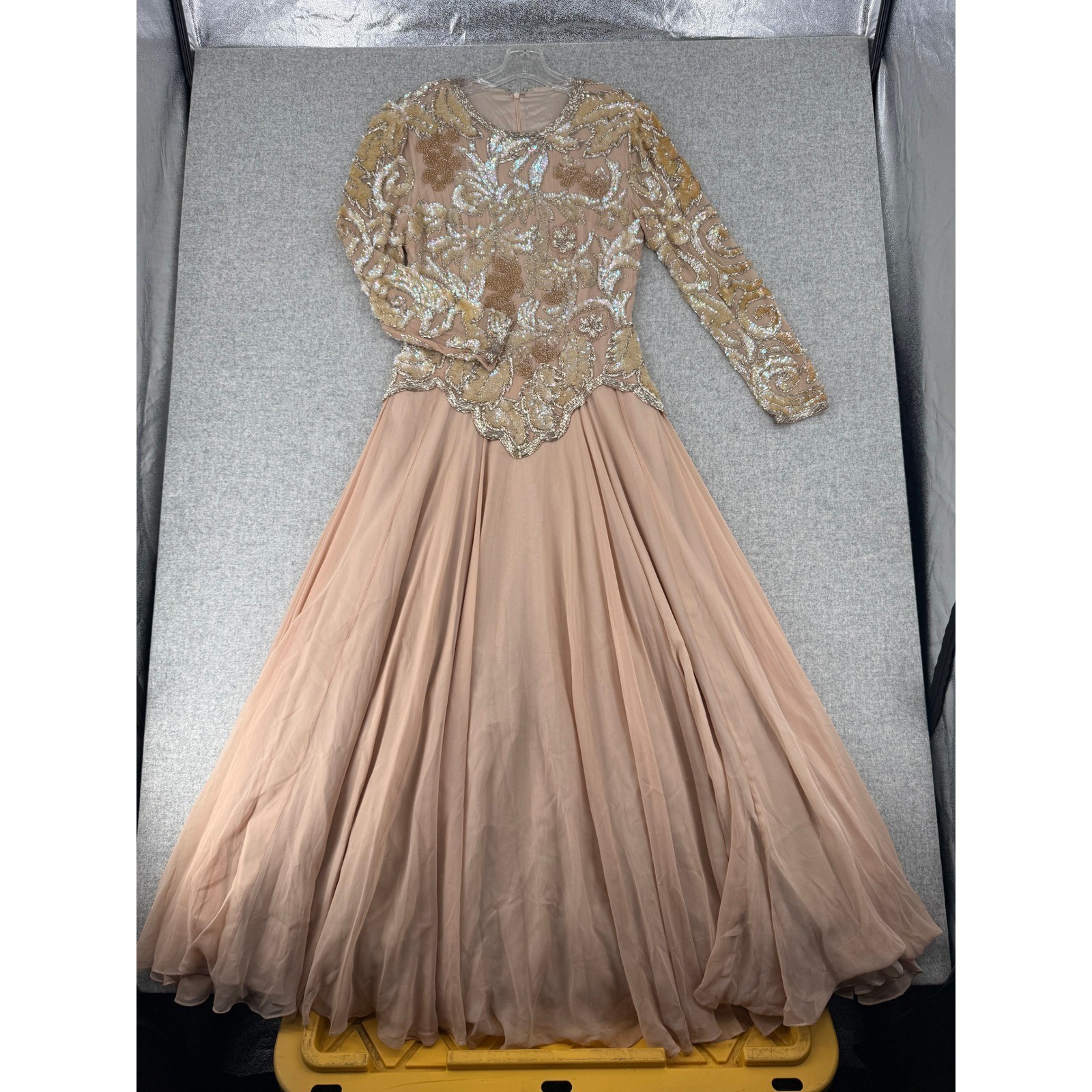 Vintage Silk Sequin Beaded Evening Gown Nude Gold Long Sleeve Formal Maxi Dress