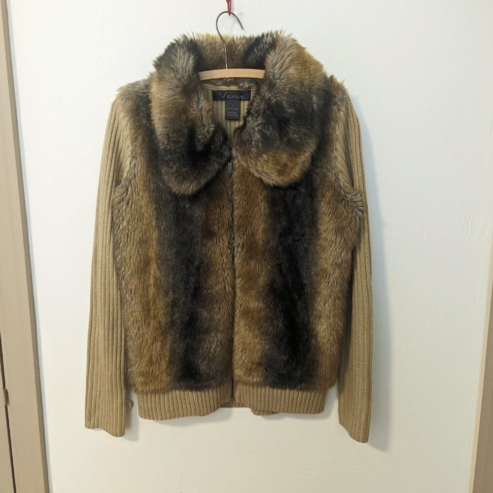 Vintage Faux Fur Jacket Knit Sweater Scarface 70s 80s Glam Mob Wife Disco