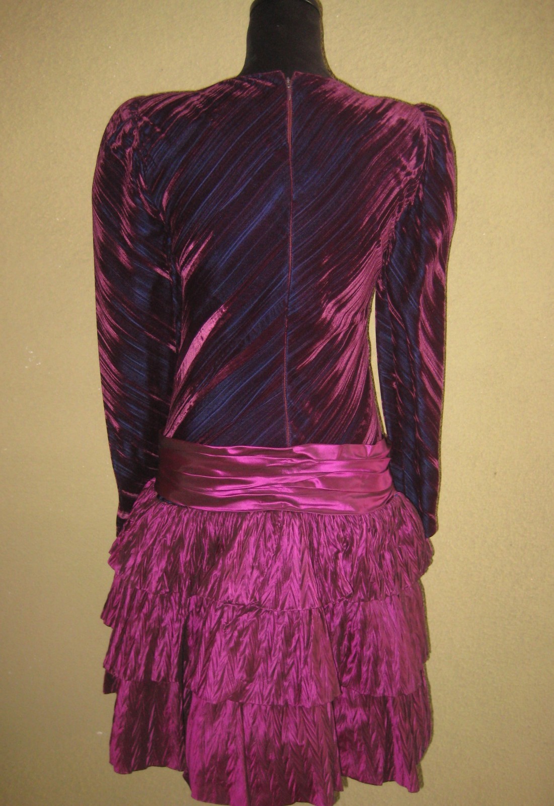 Vintage 80s burgundy/wine velveteen dropwaist taffeta tiered ruffles party dress