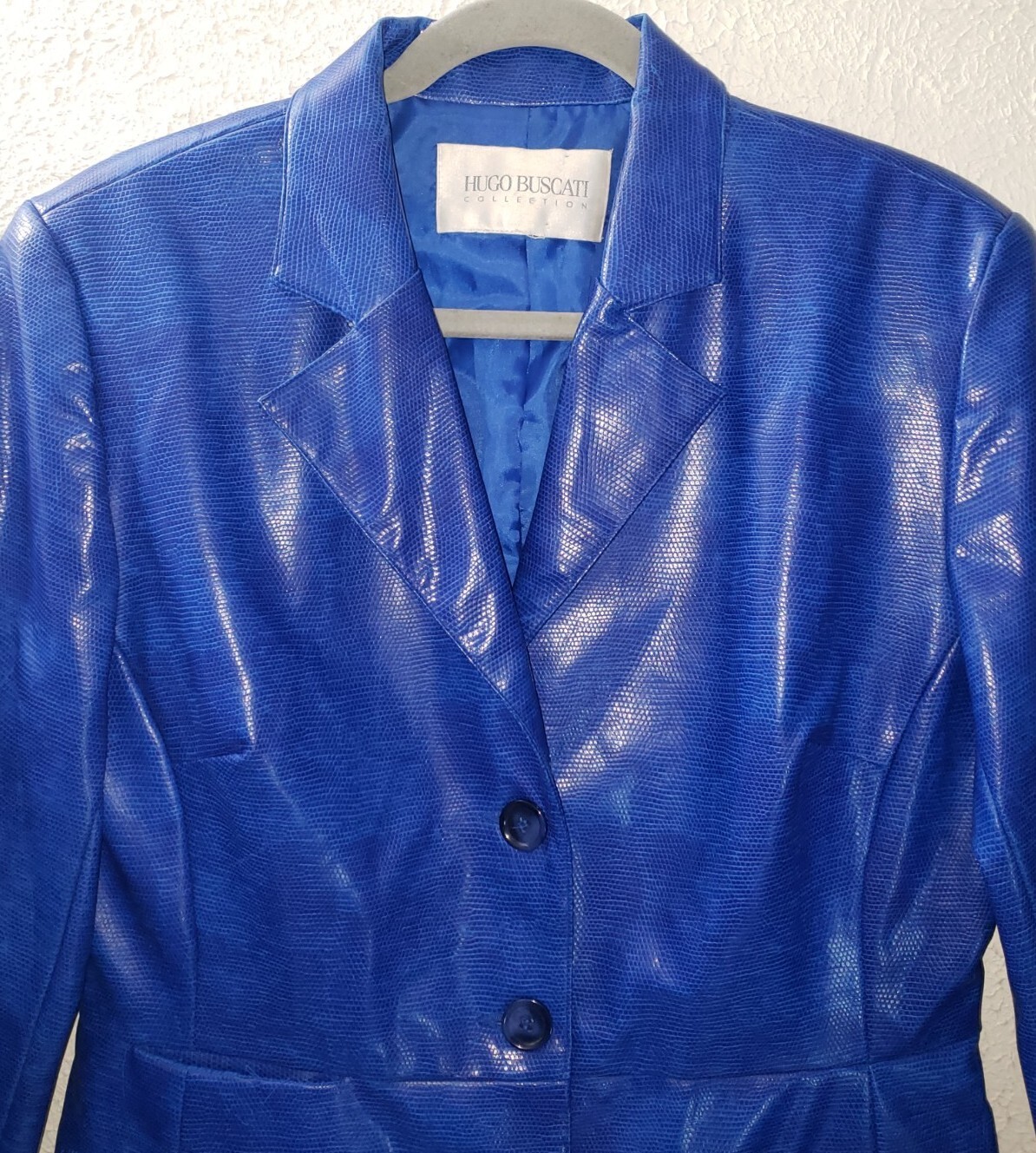 Vintage 90s Hugo Buscati Collection Blue Shiny Blazer Womens Jacket Polyurethane