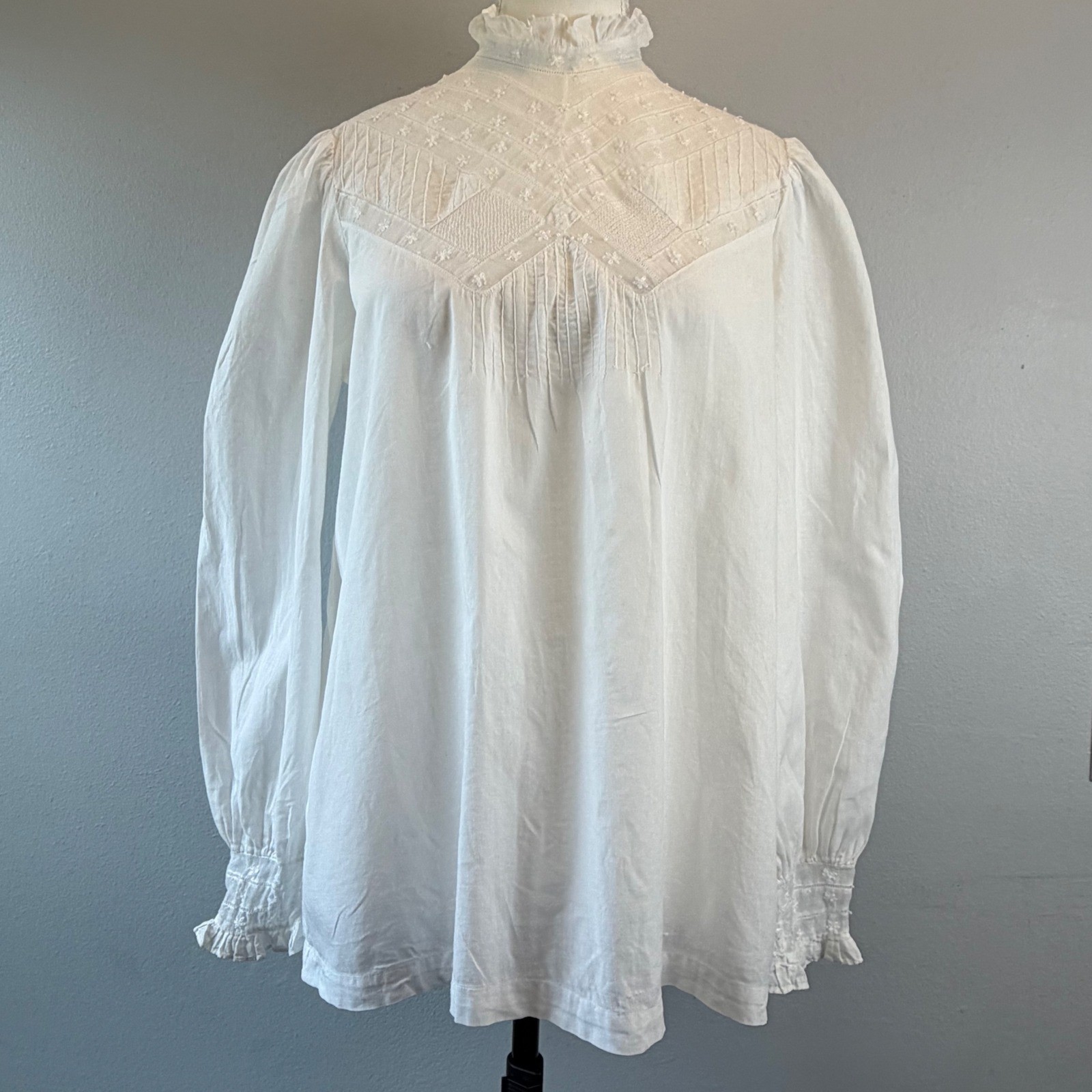 VTG Panache White Cotton Victorian Blouse Embroidered Ruffle Neck Top Edwardian