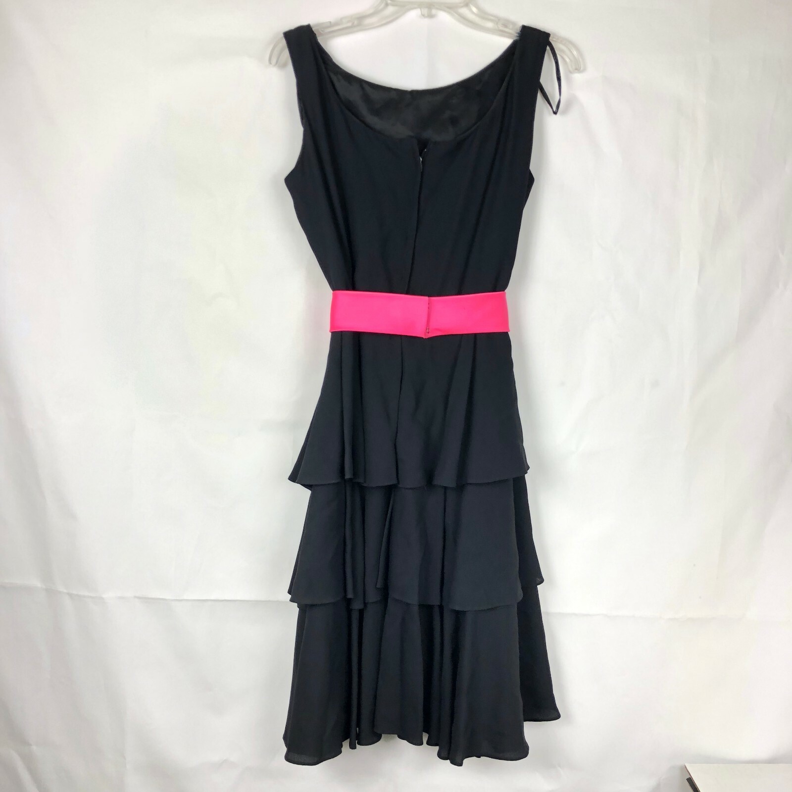 Elinor Gay Vintage Womens Siz 14 Dress Black Ruffle Sleeveless Pink Bow Belt 96K