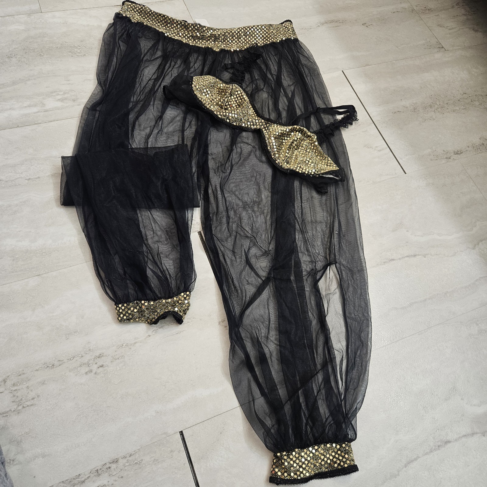 VTG Frederick’s of Hollywood Sheer Mesh Harem Pants Bra Set Sequin Black L USA