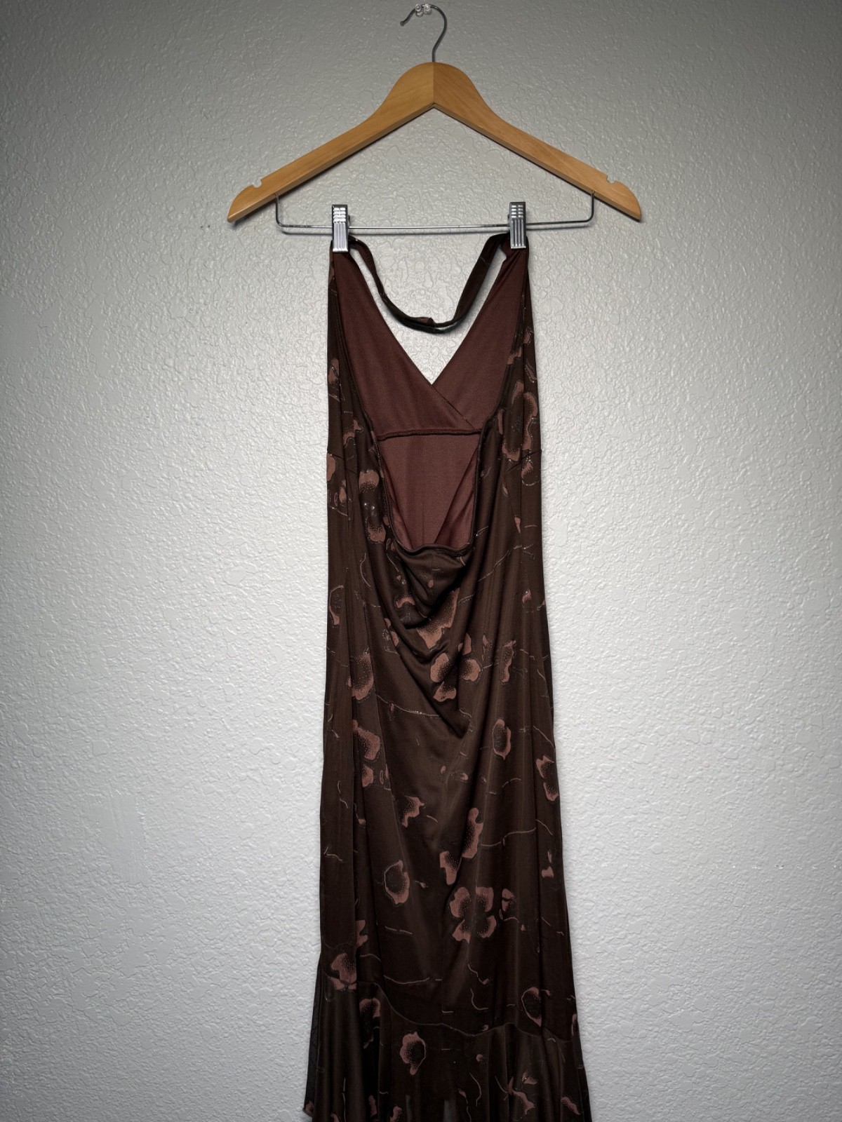 vintage 90s sparkle brown dress ruffle asymmetrical halter flow formal festival
