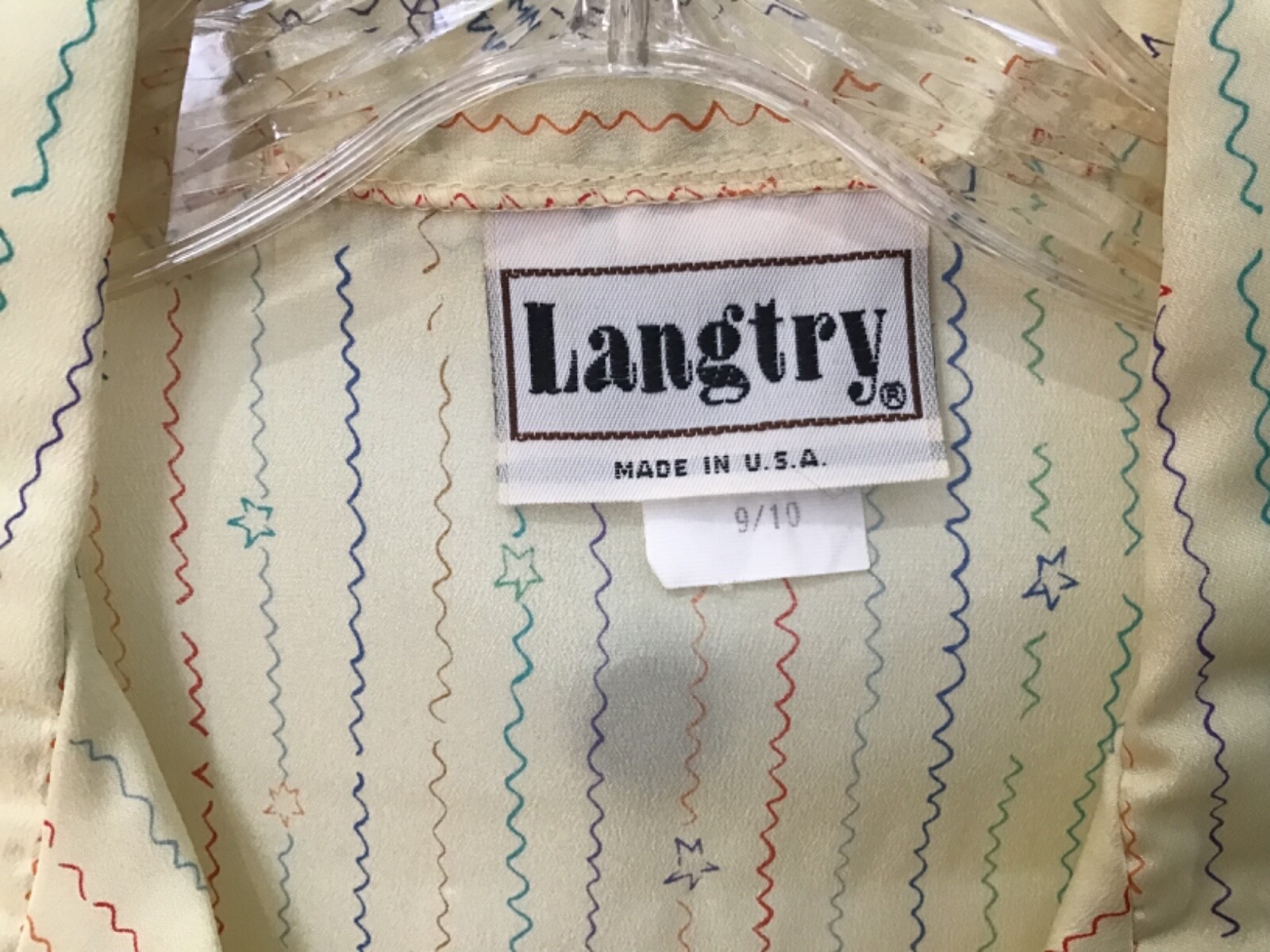 Vintage 70’s LANGTRY Polyester Lemon Chiffon Blouse w/ Stars & ZigZags Size 9/10