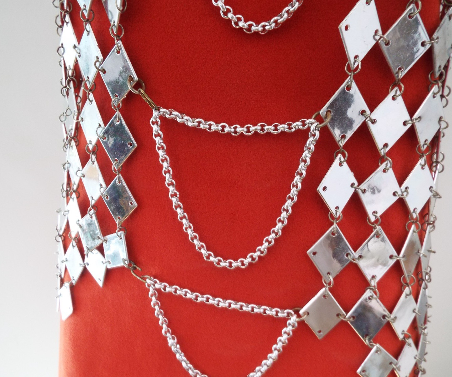 VTG 1960s Silver Tone Chainmail Long Vest Top Mirror Finish Paillette Chain Mail