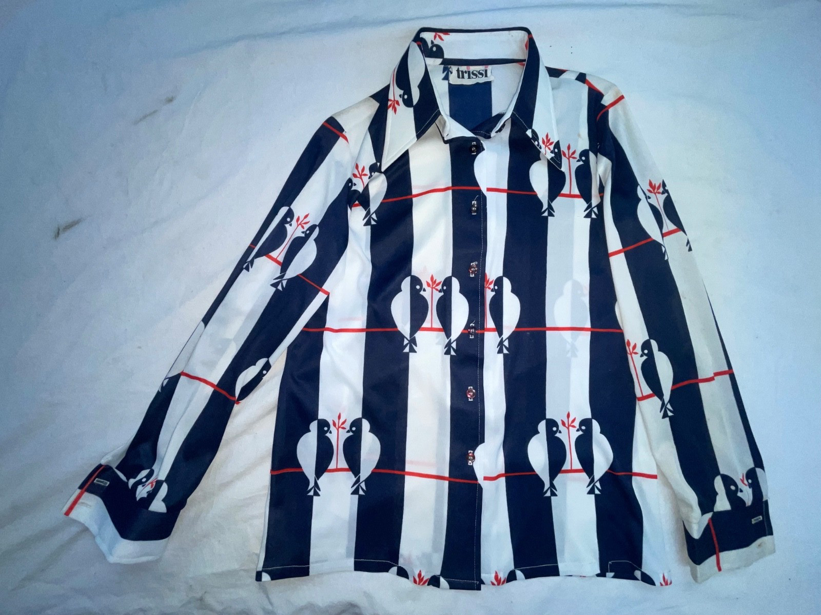 VTG 60S 70S WOMENS S BIRDS STRIPE BUTTON RETRO DISCO TRISSI SHIRT