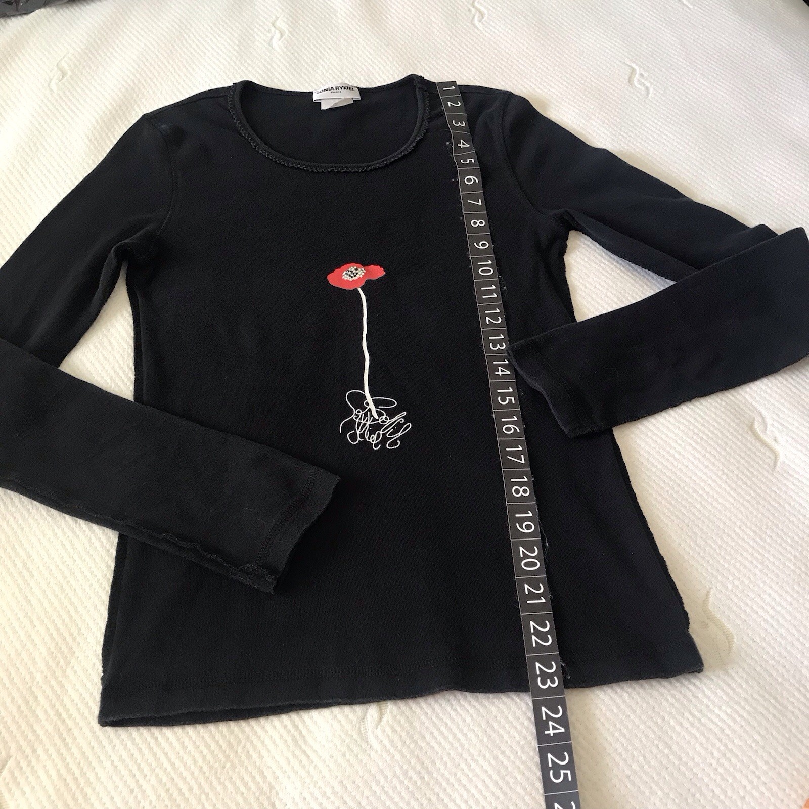 Vintage Sonia Rykiel Black Knit T-Shirt Top Small Embellished Poppy Flower Y2K