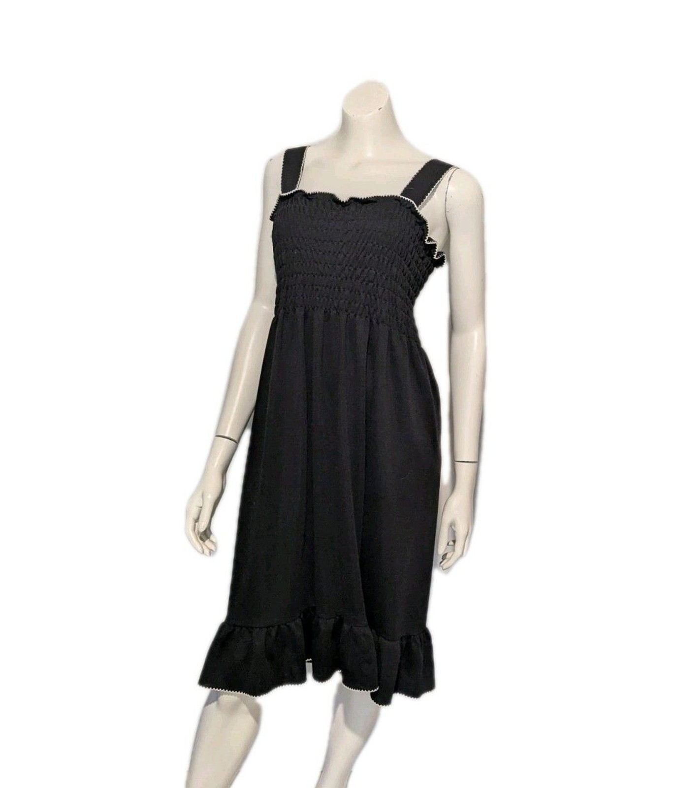 Vintage 80s Black Smocked Bodice Wide Strap Ruffle Sundress Back Zip Poly Knit