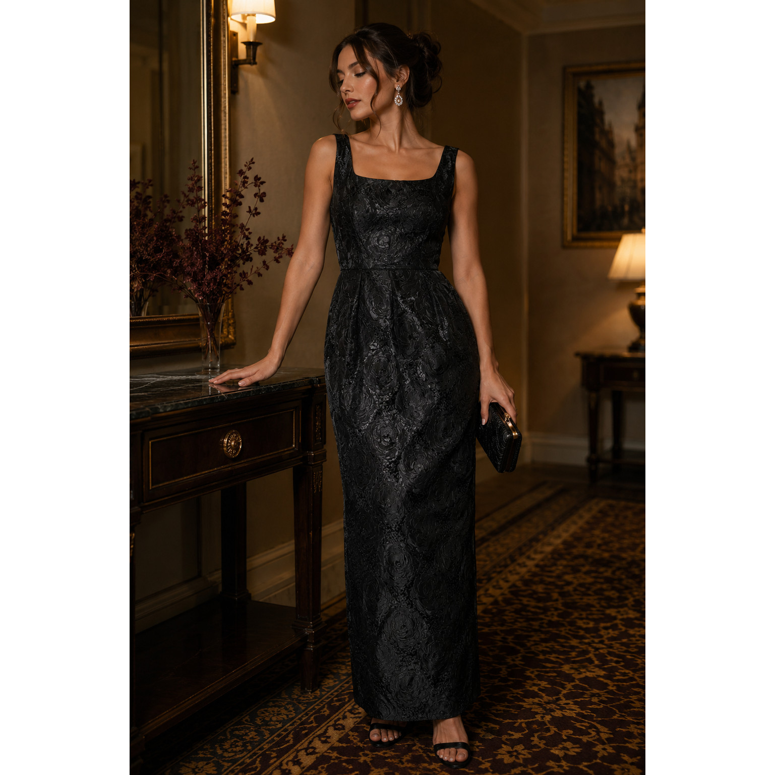 Vintage 1960s Black Floral Jacquard Evening Gown Maxi Dress Wiggle Formal 6