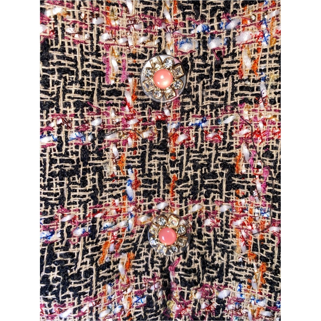 Walter Baker Tweed Mini Skirt Fringed Hem Gold Buttons Pink Black Cream Size M⁠