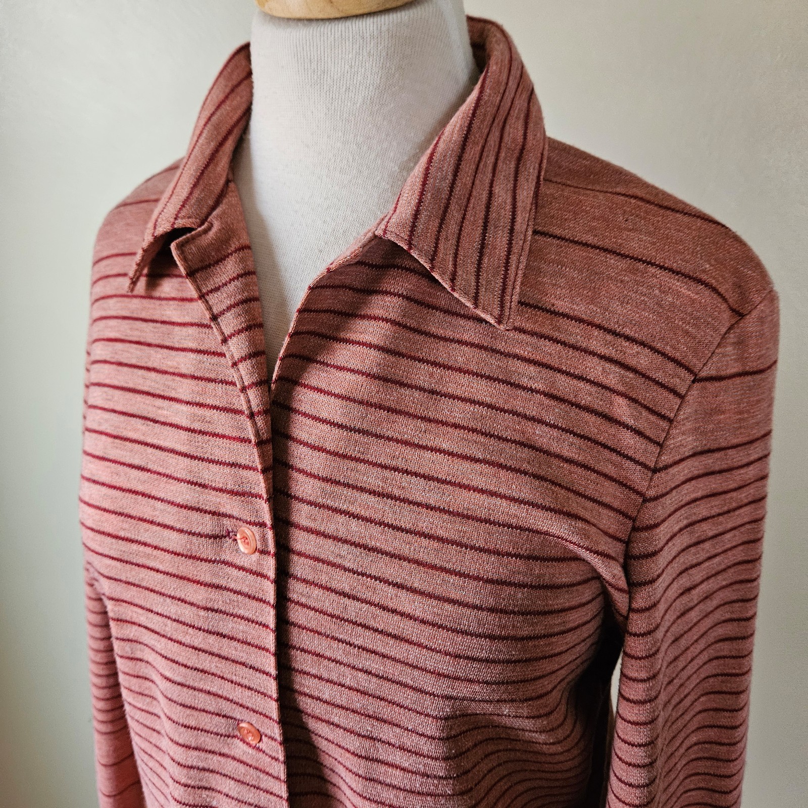 Mr. Beau RL Davis Vintage 1970s Poly Knit Heathered Striped Button Top Shirt M/L