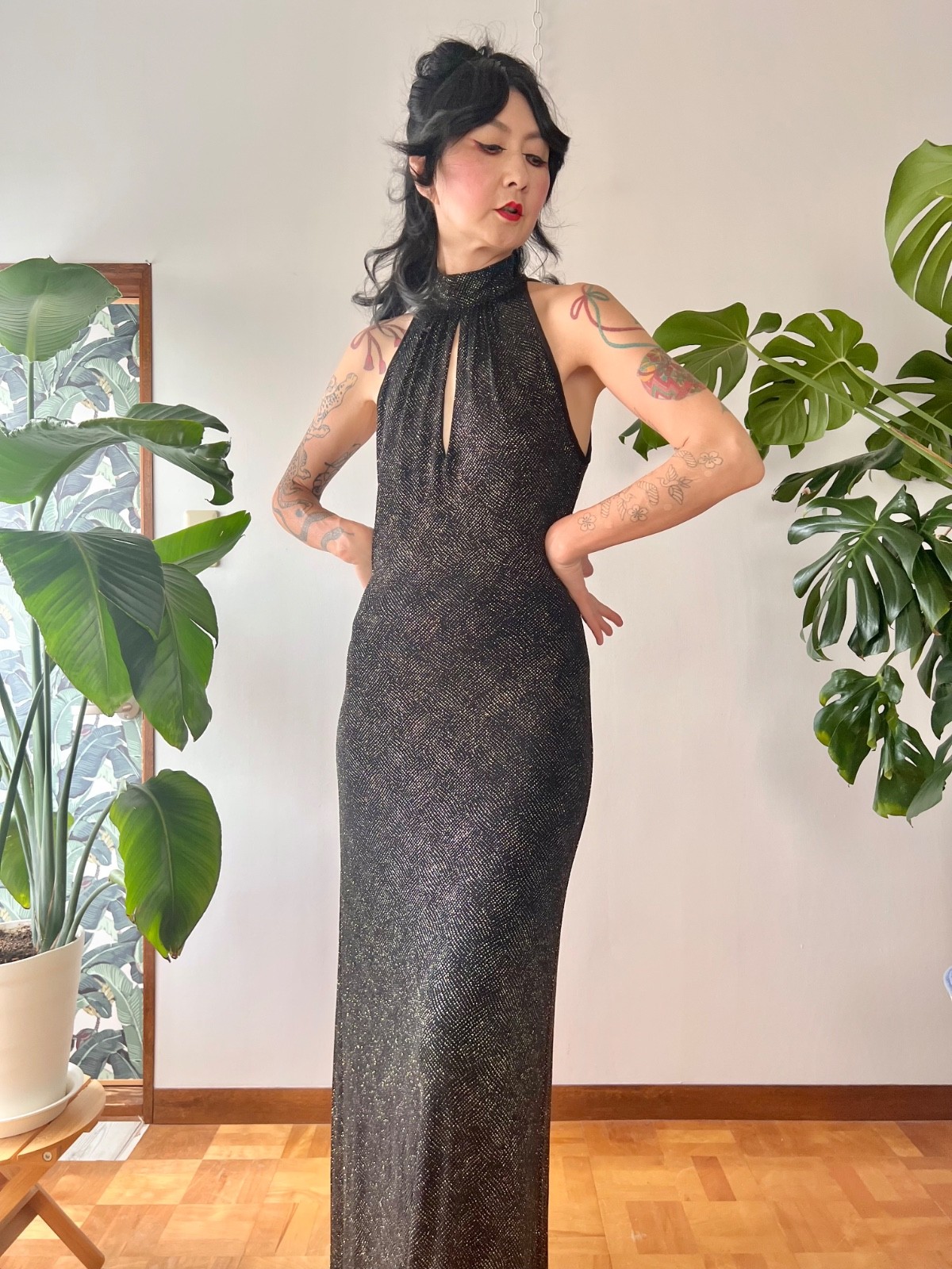 90s Does 70s Caché Open Back Black Glitter Keyhole Halter Maxi Dress Disco Gown