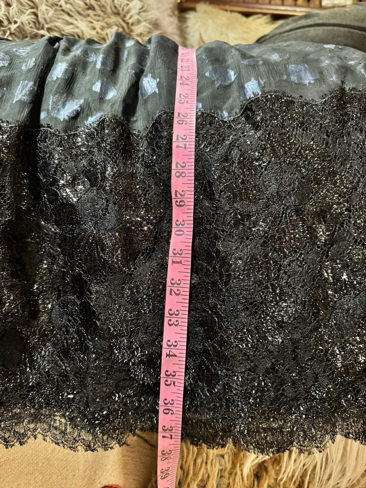 Vtg Geoffrey Beene Sheer Metallic Semi Black Maxi Silk Skirt Lined Lace Blue XS