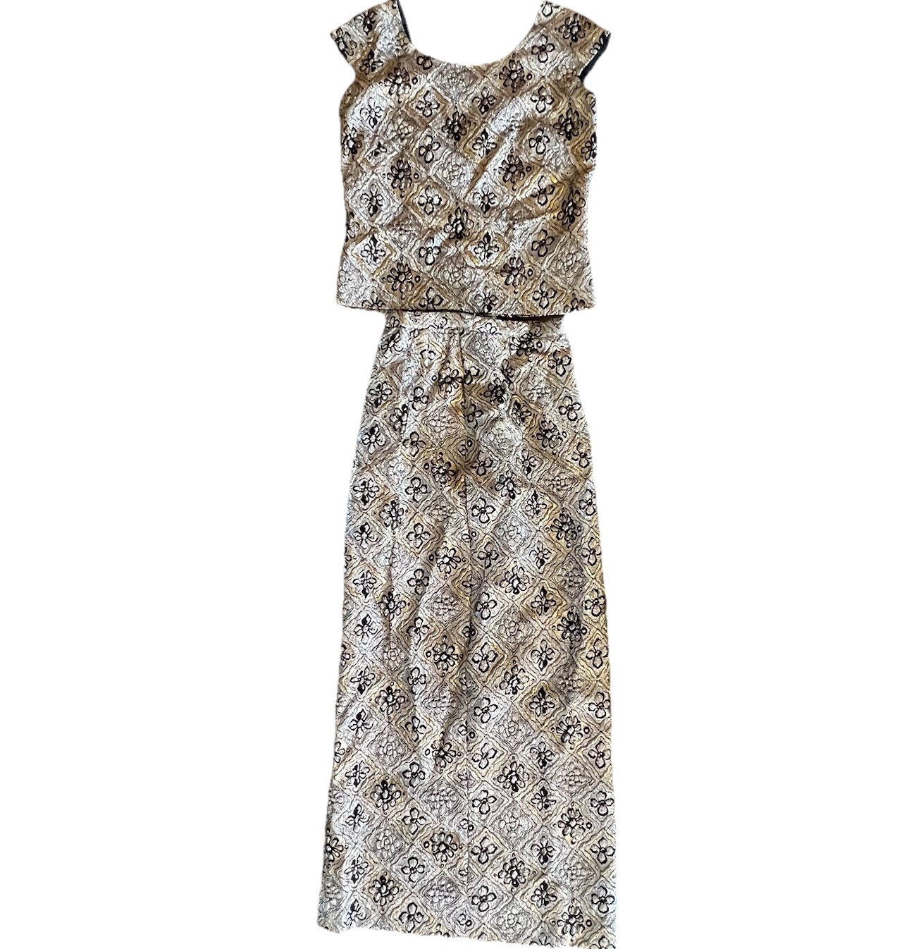 1960’s Vintage Gold Brocade 2pc Dress Skirt Top Sleeveless Geometric Size Small