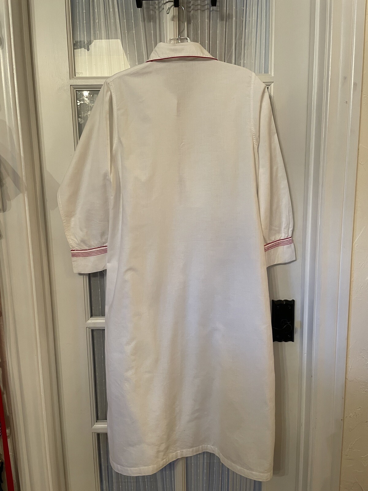 French antique cotton shirt dress, circa 1900-1910, red trim