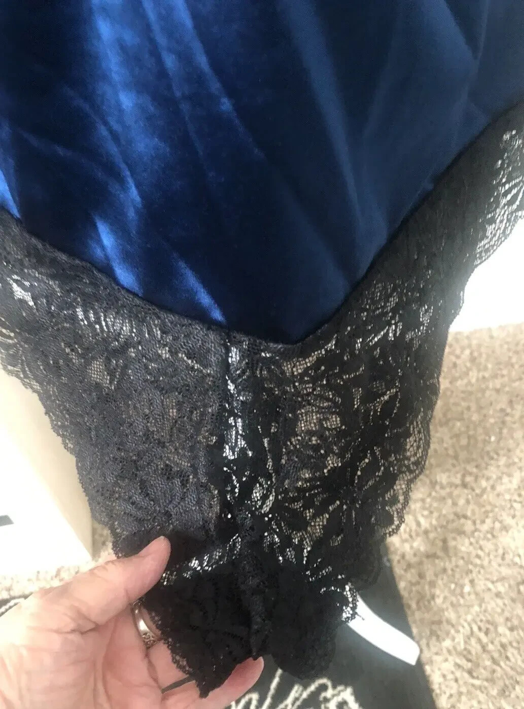 Vtg New AVIDLOVE Sz L Navy Royal Blue Satin 1 One PC Black Lace TEDDY Lingerie