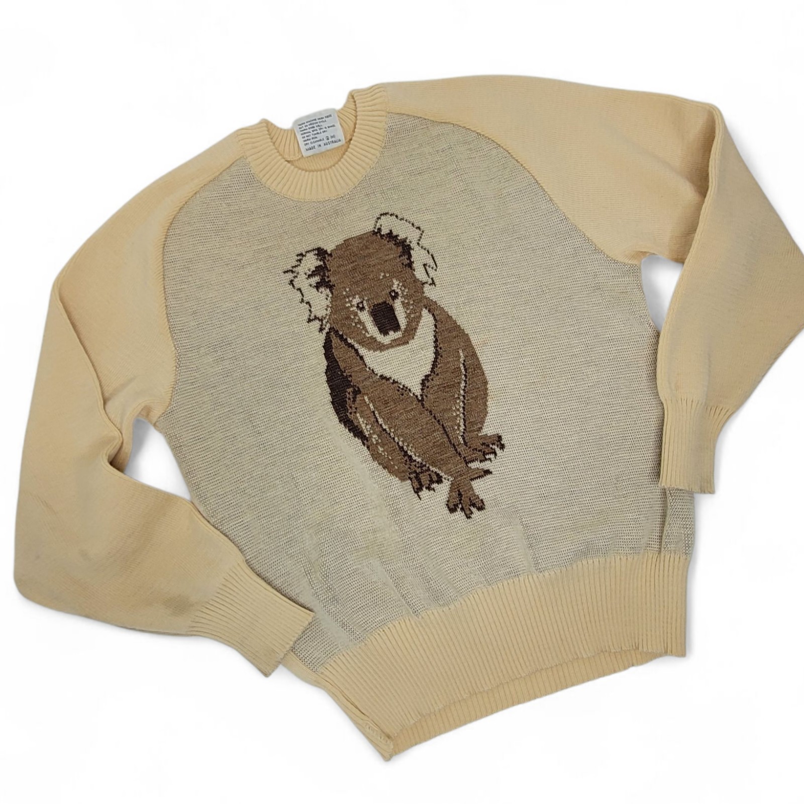 Vtg 60s 70s Hysport 100% Wool Koala Sweater XS 85cm Ivory Australia