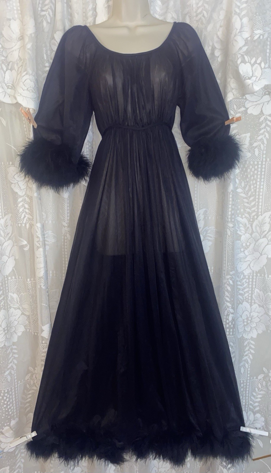 VTG NWOT M GLAM Black JENELLE DB Sheer Chiffon Nylon Nightgown Negligee MARABOU