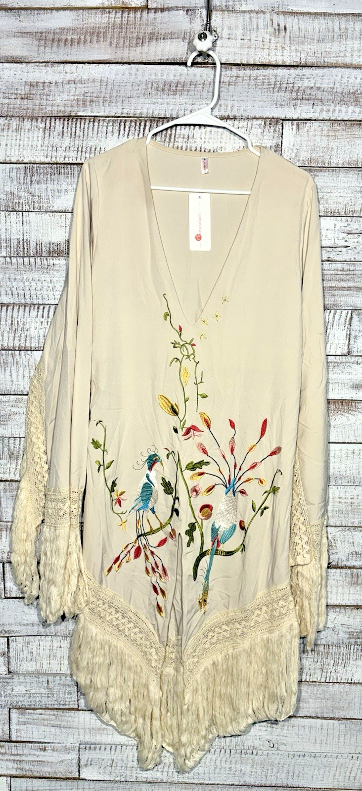 RARE VTG NWT Boho Peacock Embroidered Fringe Dress 70s Raquel Welch Style