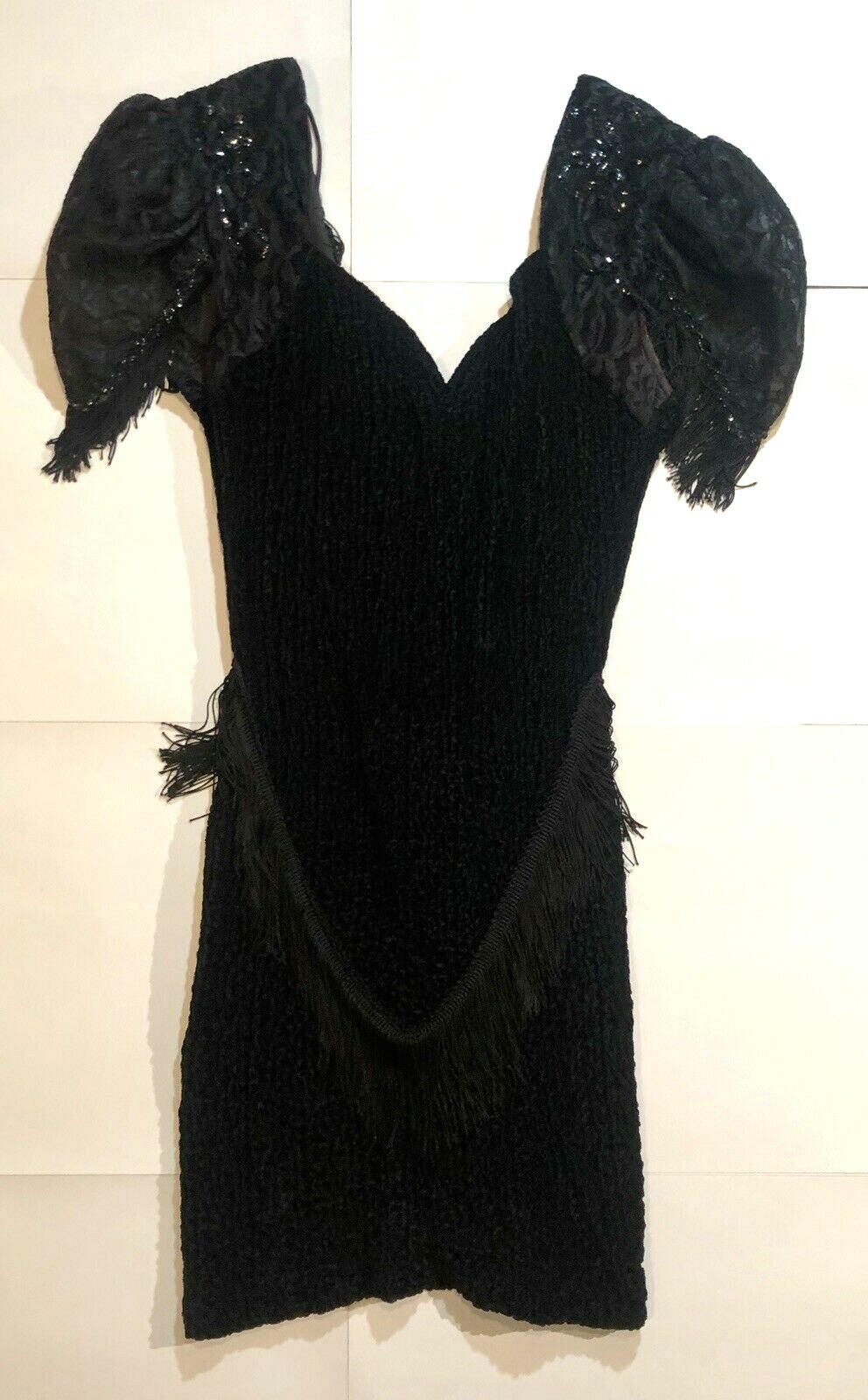 Vintage 1980’s Women’s Size 13/14 S? Cocktail Dress Black Sequin Velvet Tassels