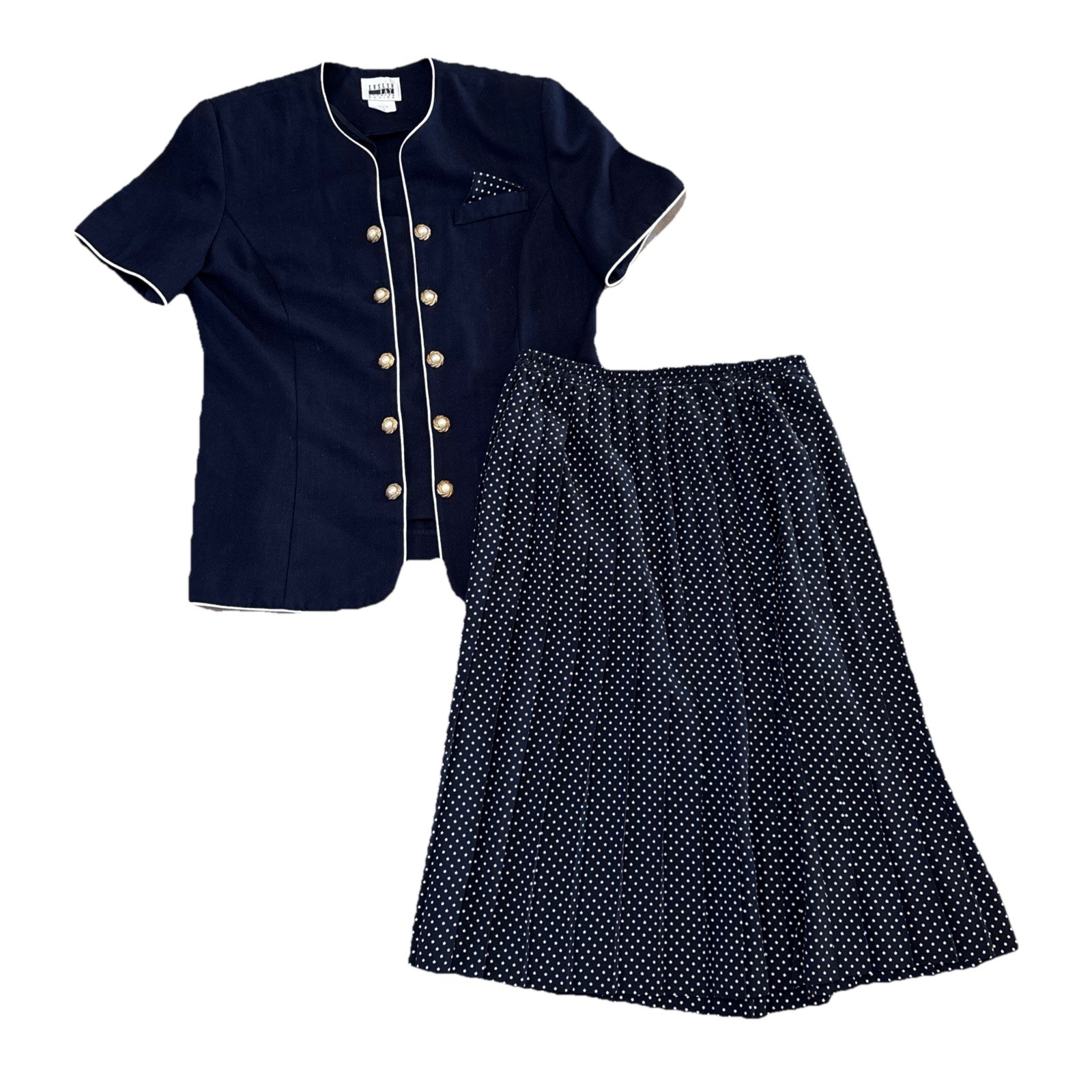 Leslie Fay Vintage 2- Piece Blouse Skirt Set Size 12P Stars Pleated Navy Blue