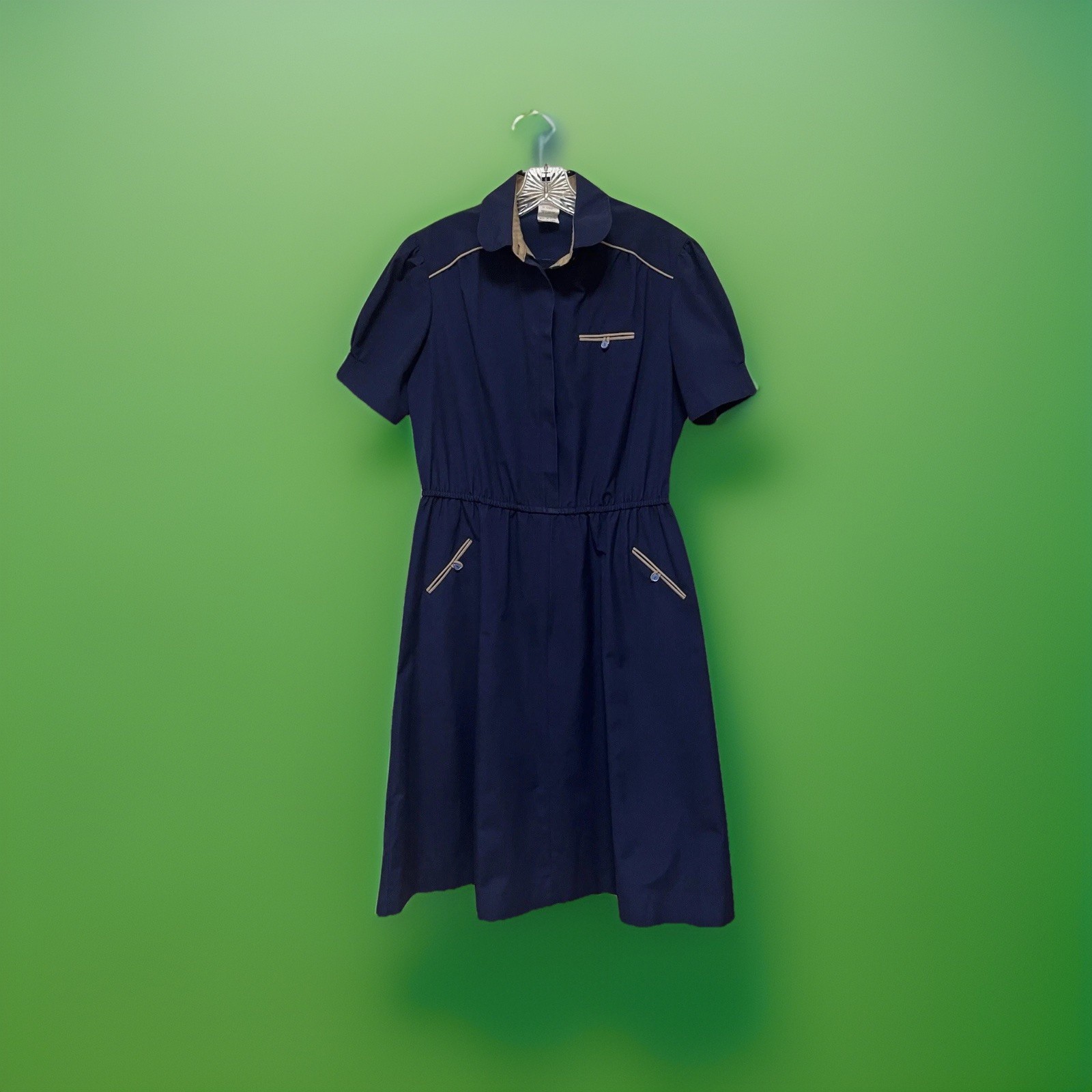 Vintage 90’s Midi Blue Tan Piping Dress Shift Pockets Short Sleeve Classic SZ 14