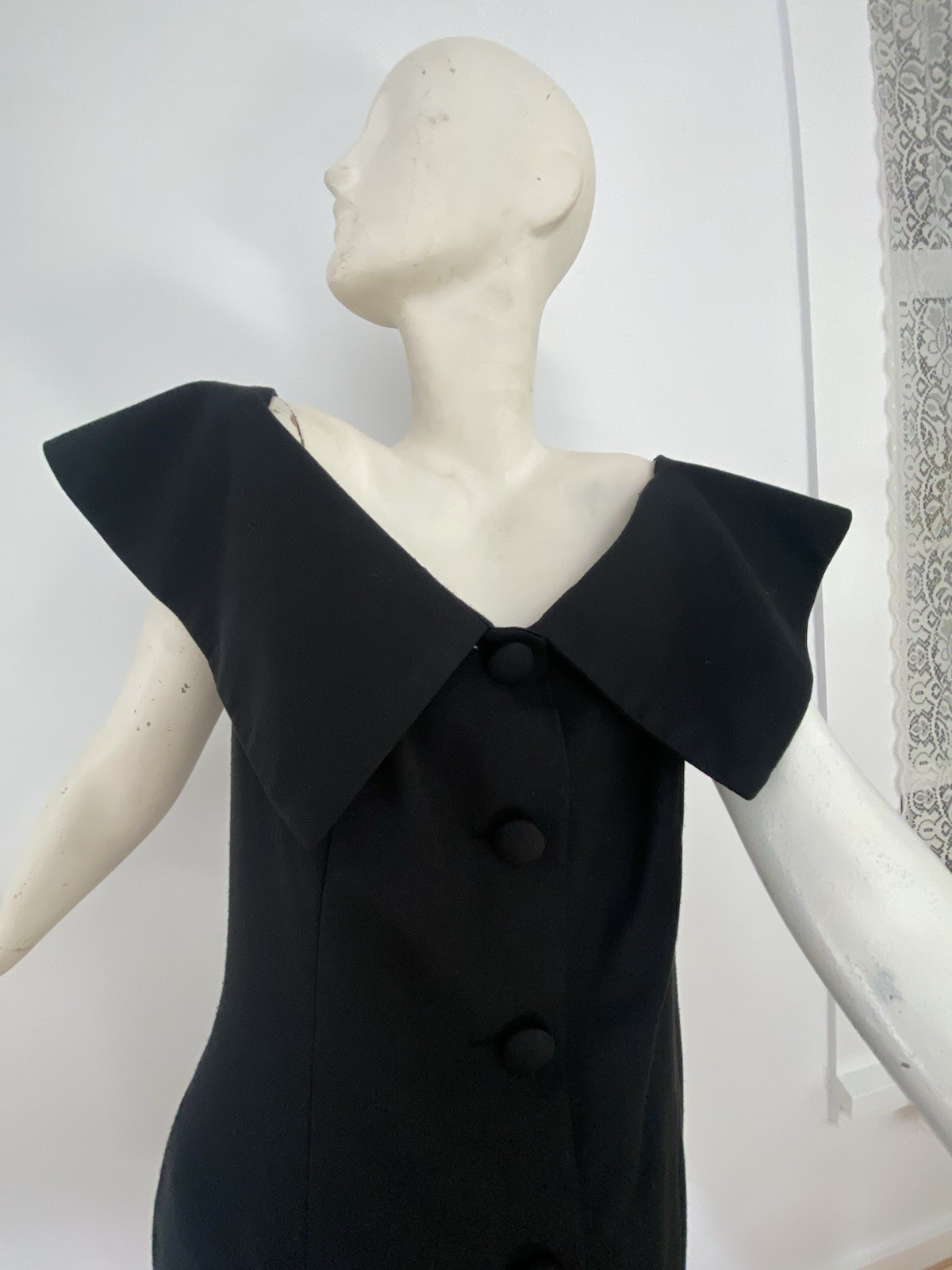 Vintage 80s Kathryn Conover NY USA Made Black Off Shoulder Button Up Dress Large