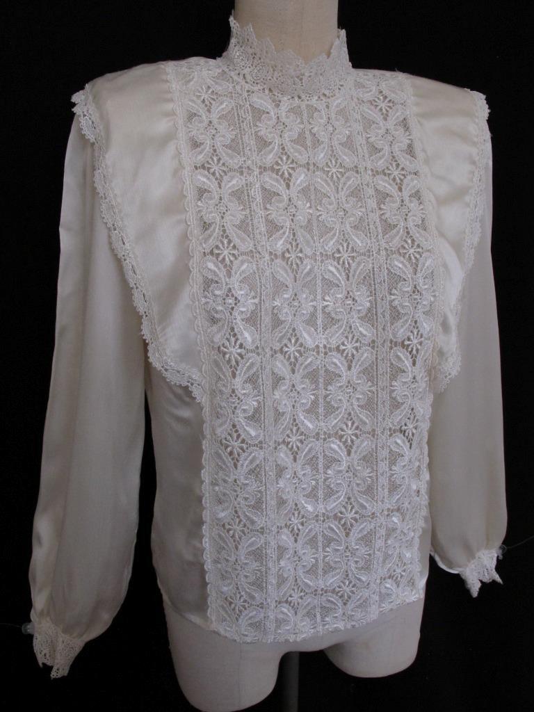 Vintage 80s 90s San Andre Ivory Romantic Blouse 6 S Lace Silky Liquid Satin