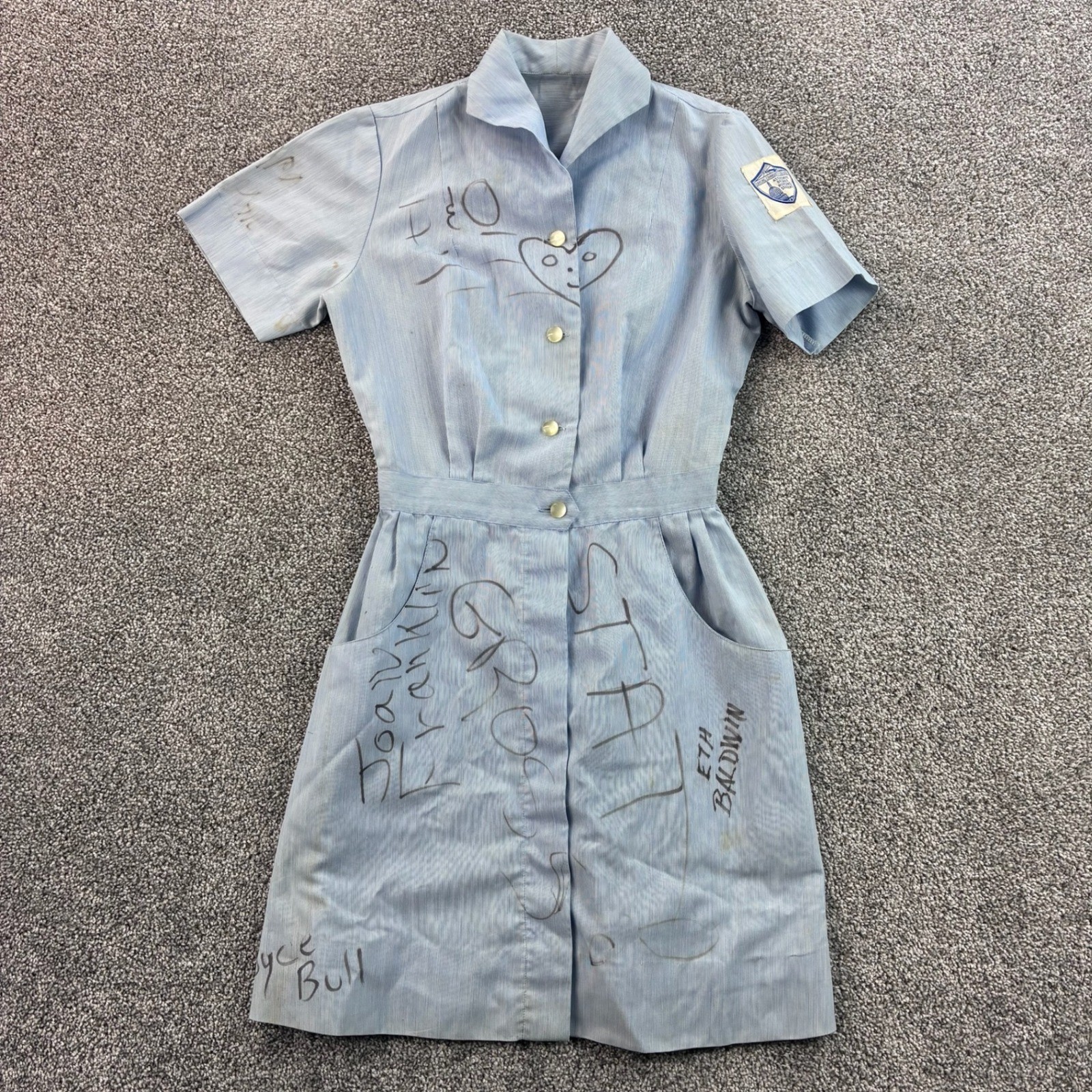 Vintage 70s Nursing Uniform Dress Women’s S Blue Pinstripe Signed Student Nurse