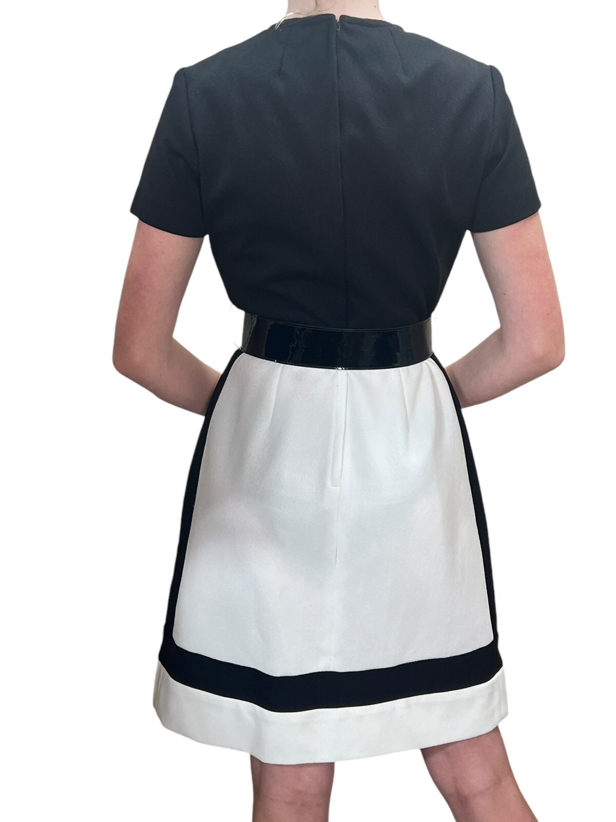 S~M Vtg 70s Mini Dress Fit Flare Soutache Braid Border Belted Knit Black White