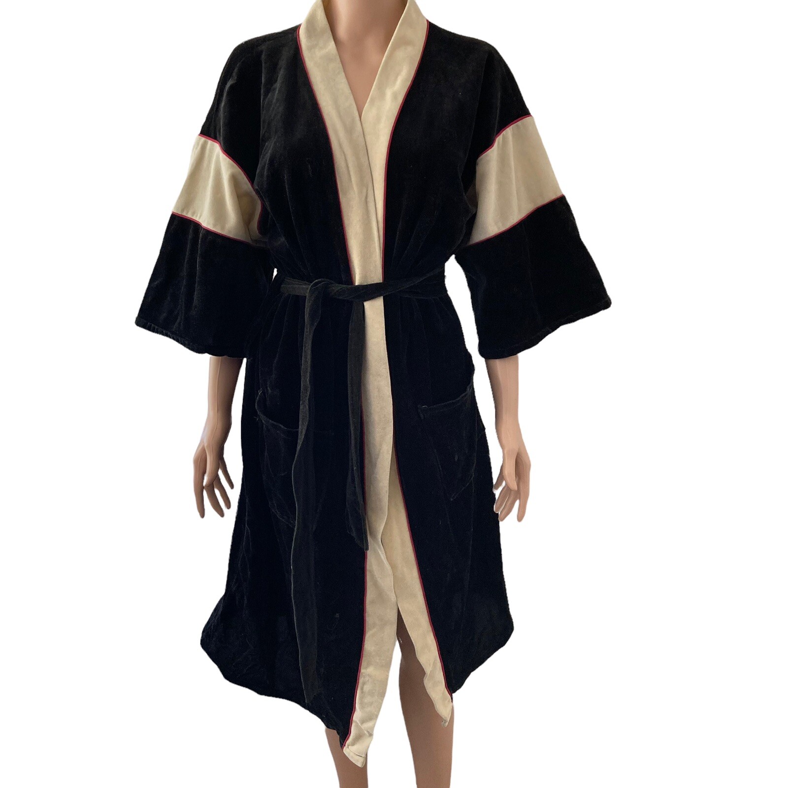 Vintage Kimono Robe Black White Velour Womens One Size