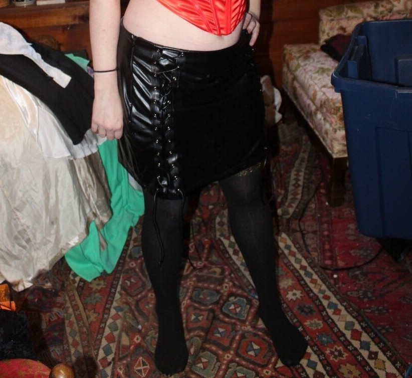 Large Pleather Black Mini Skirt 31″ Waist 16″ Long