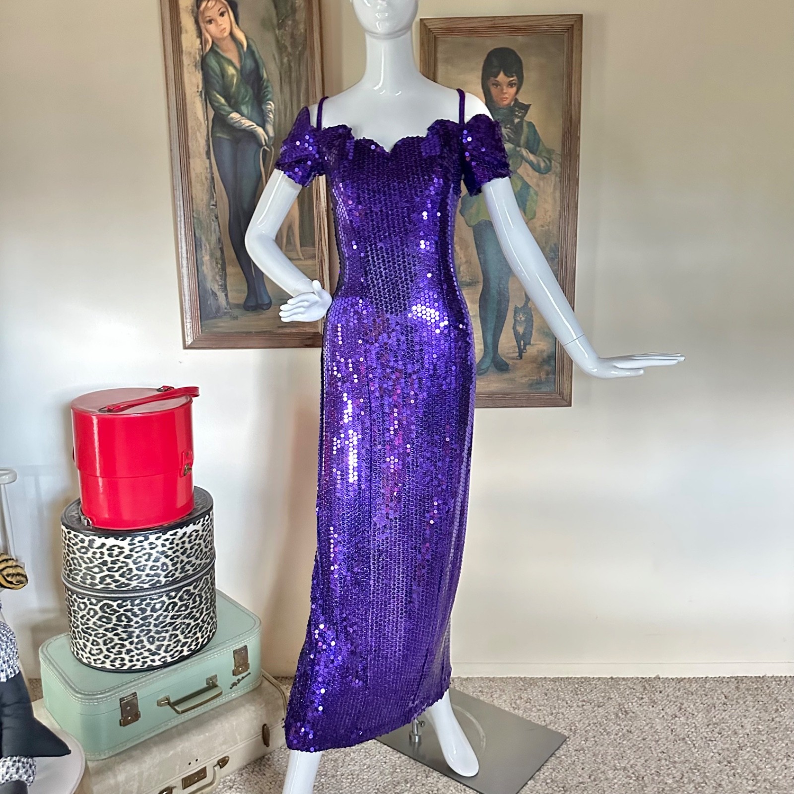 VTG 80s Zum Zum Metallic Purple Sequined Off-Shoulder Cocktail Prom Dress S/M