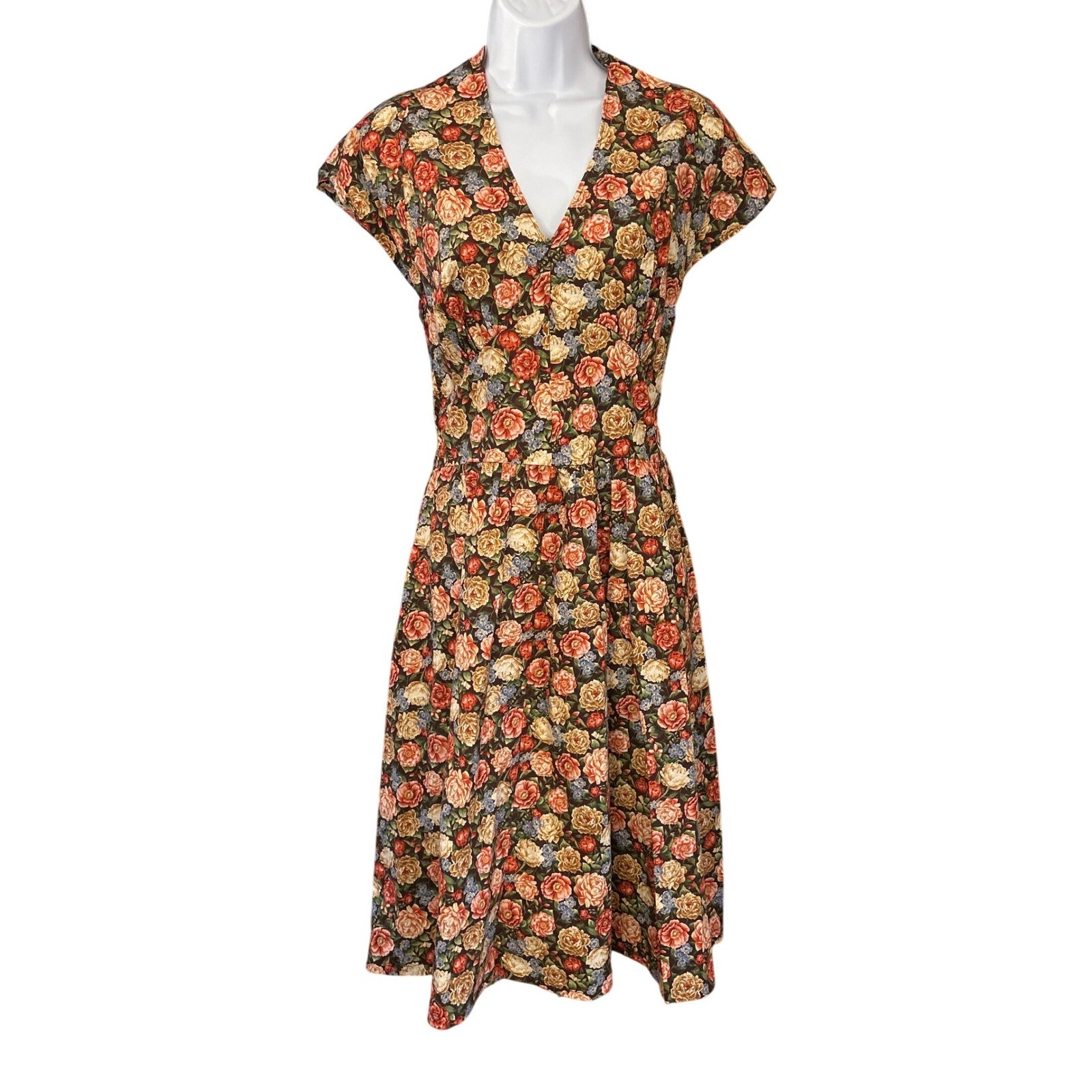 Vintage Floral Rose Print Fit & Flare Dress Cottagecore Garden Party 90s Casual