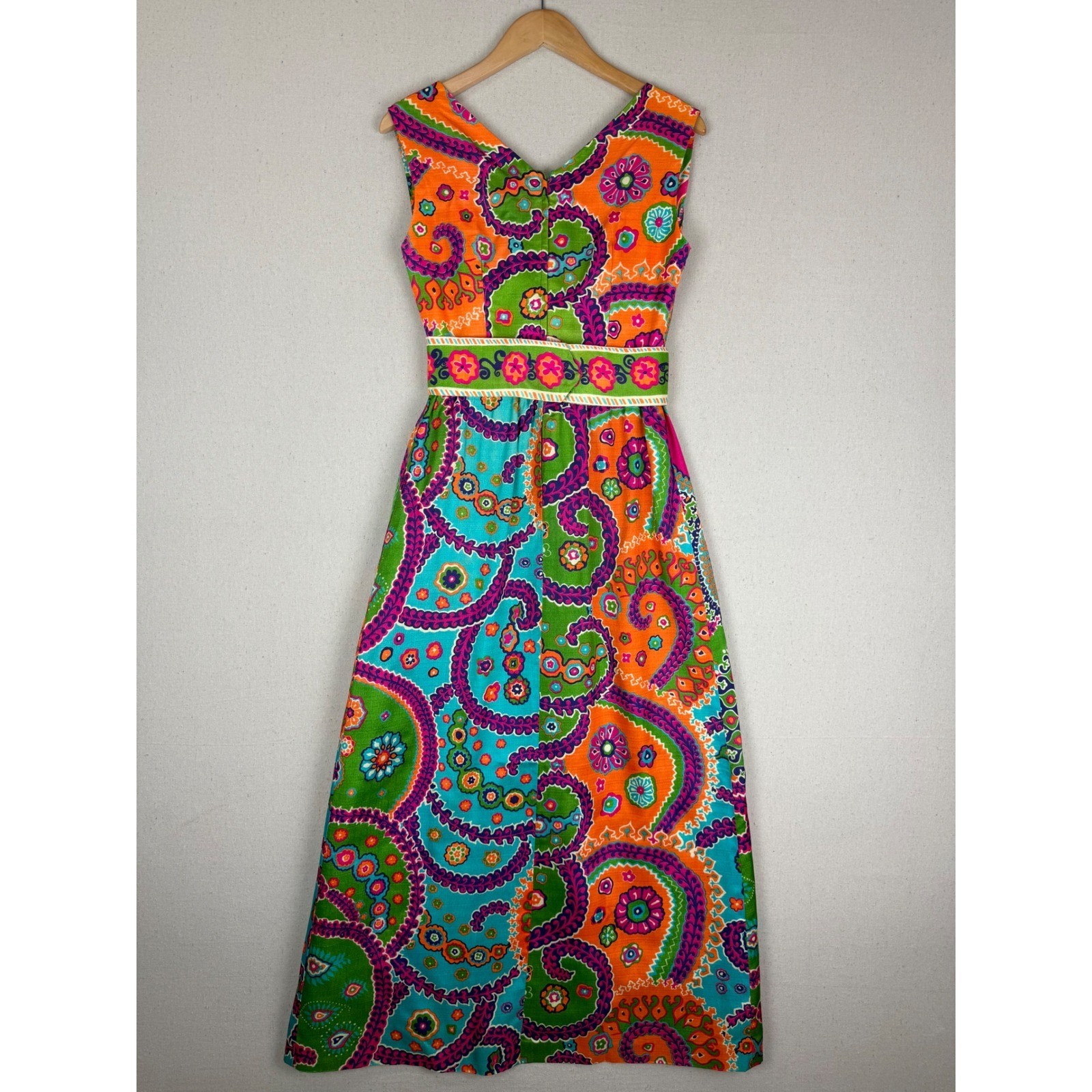 VTG Psychedelic Paisley Floral Maxi Dress Pink Orange Green Garden Party Boho