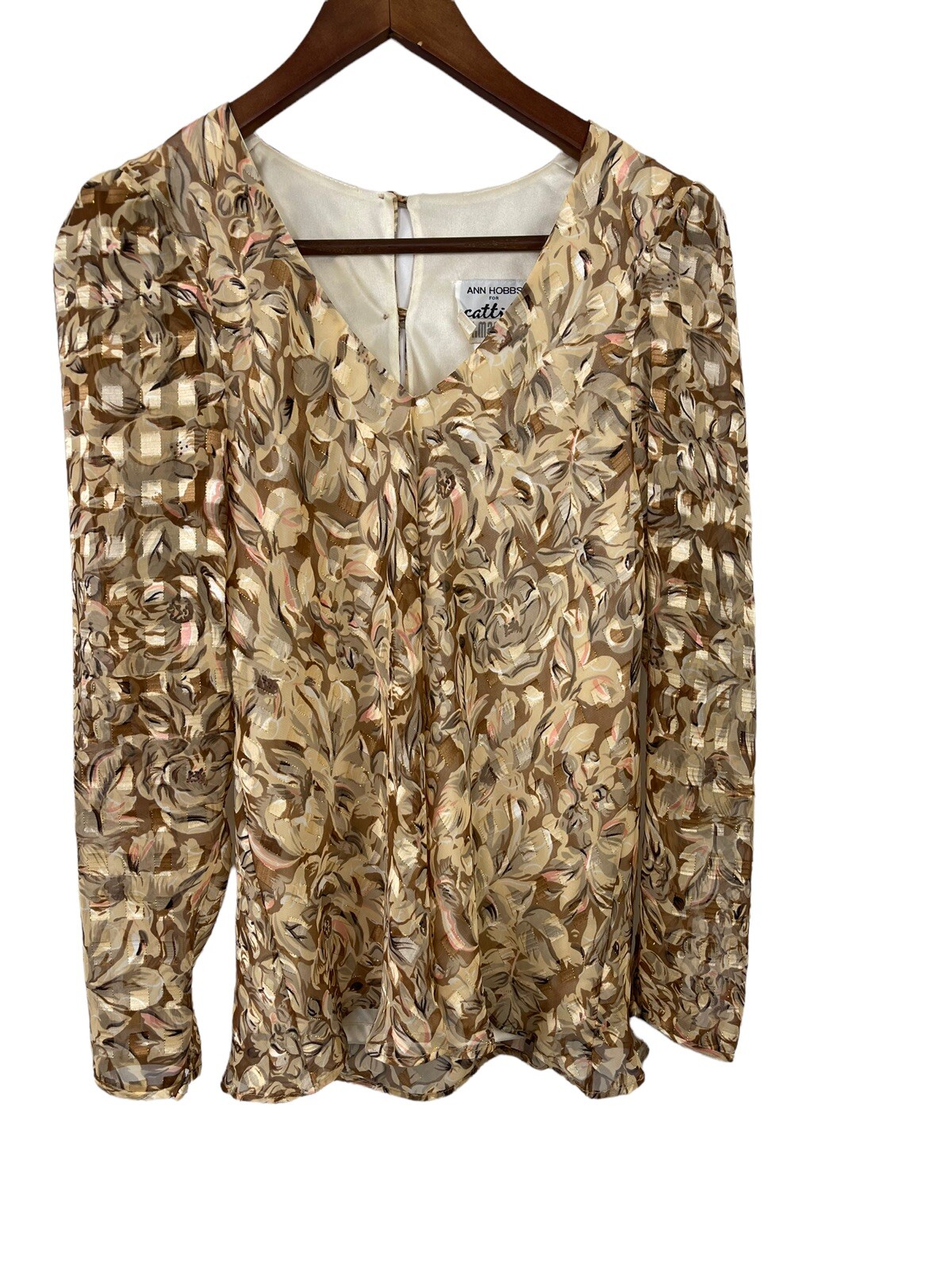 Vintage Ann Hobbs for Cattiva I Magnin Sheer Sleeves Blouse Sz 4 Metallic Brown