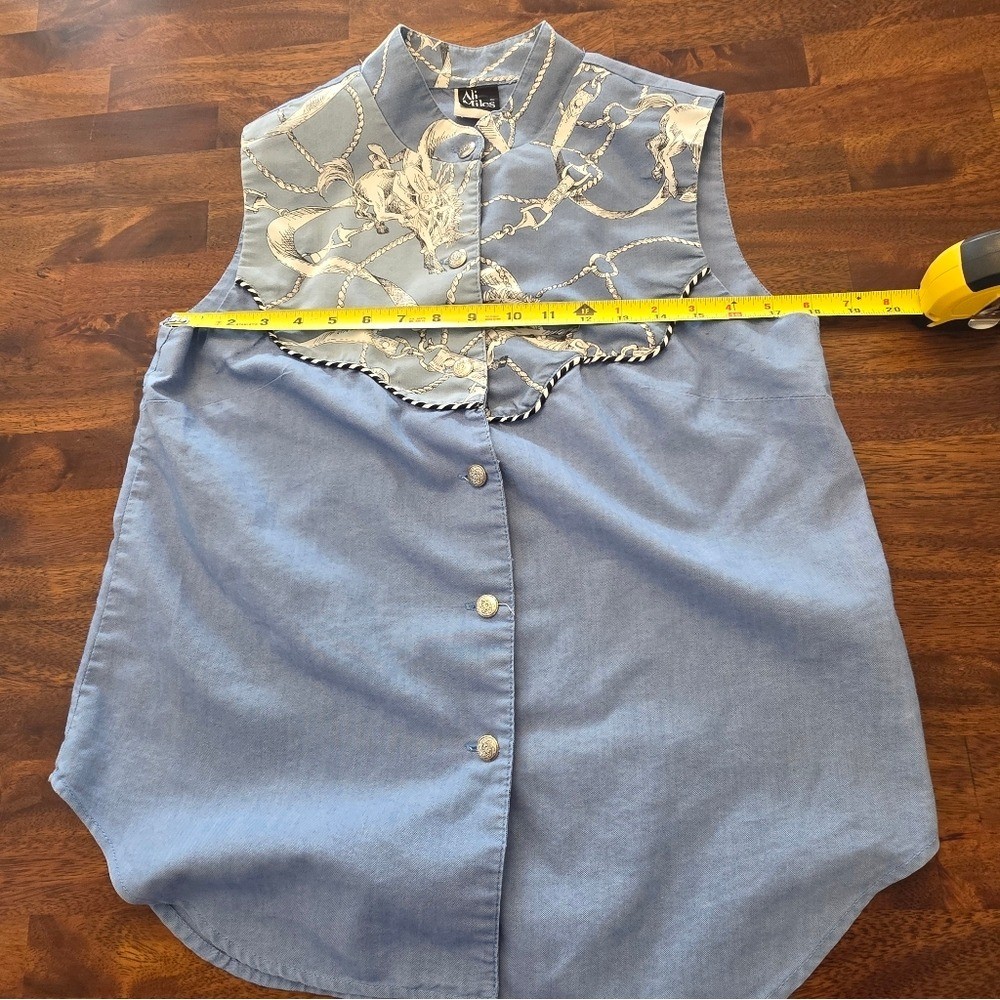 Ali Miles Blue and Cream Button-Down Sleeveless Top Vintage 10 Bin 14