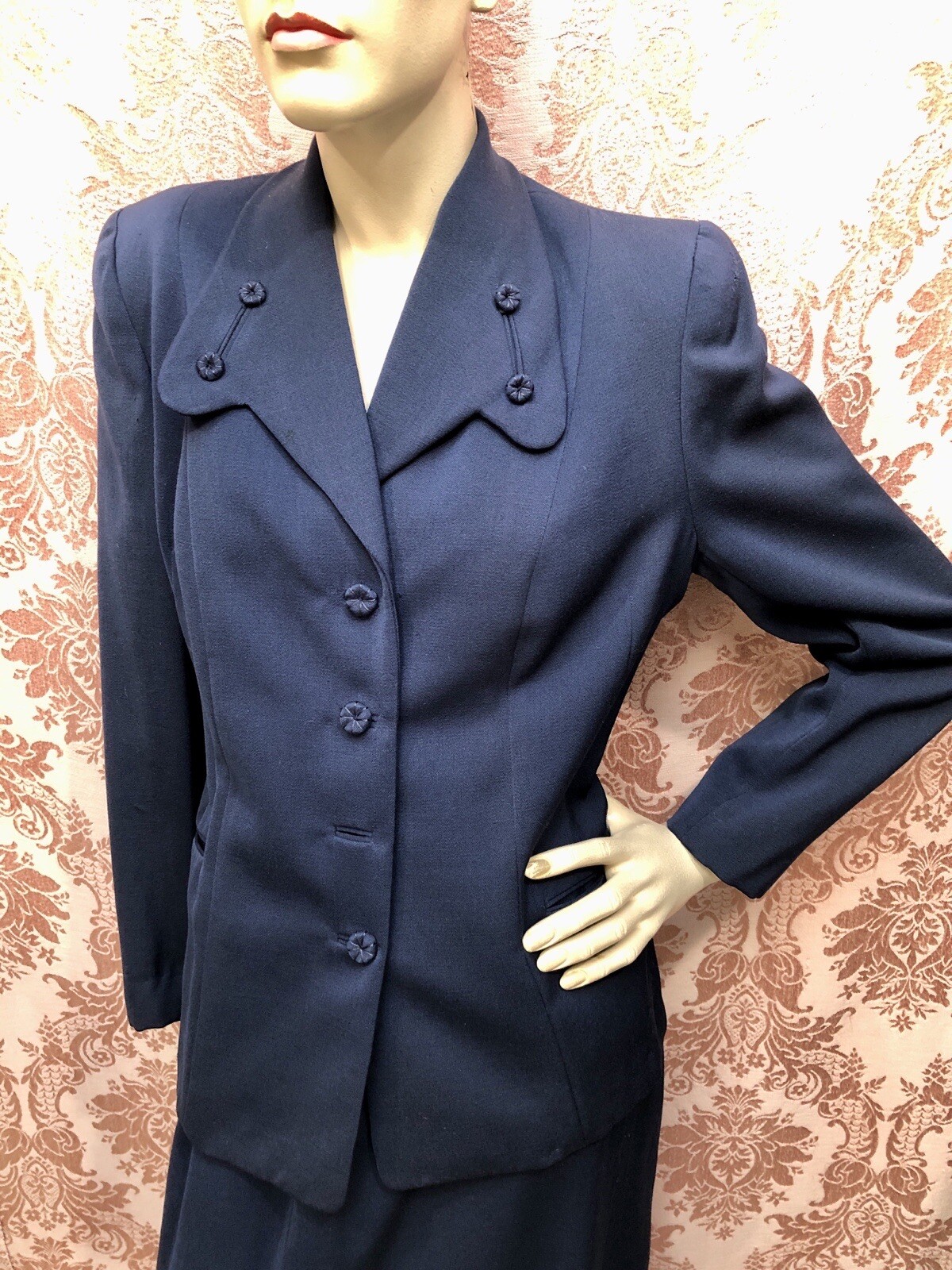 VTG 1940s SWING-TOWN Navy Blue GABARDINE Tailored Suit w/DONUT BUTTONS Sz-Med