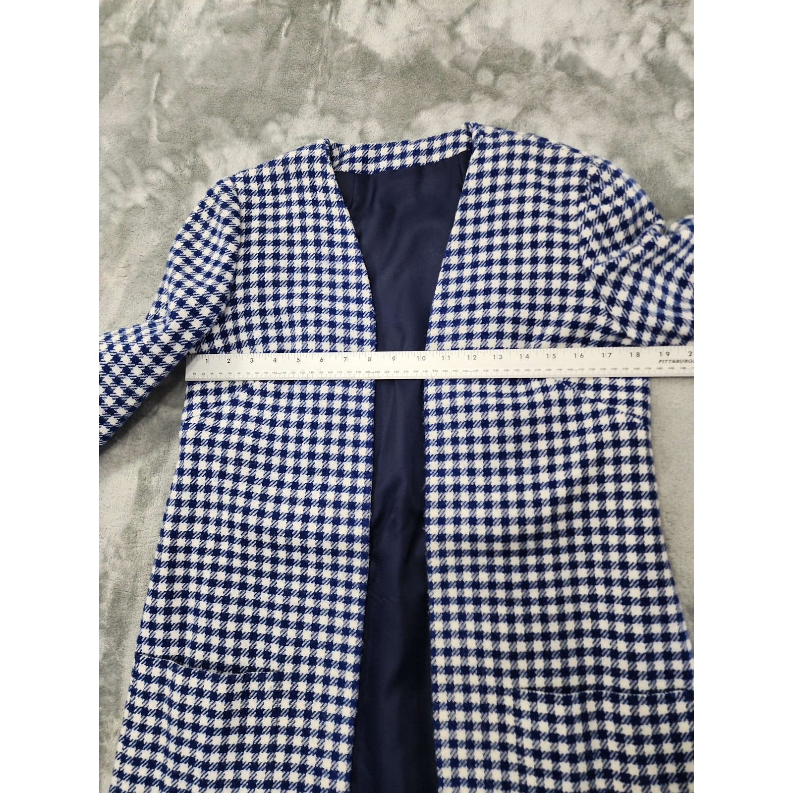 Vintage 60s Houndstooth Wool Collarless Open Front Blazer Jacket Size M Blue