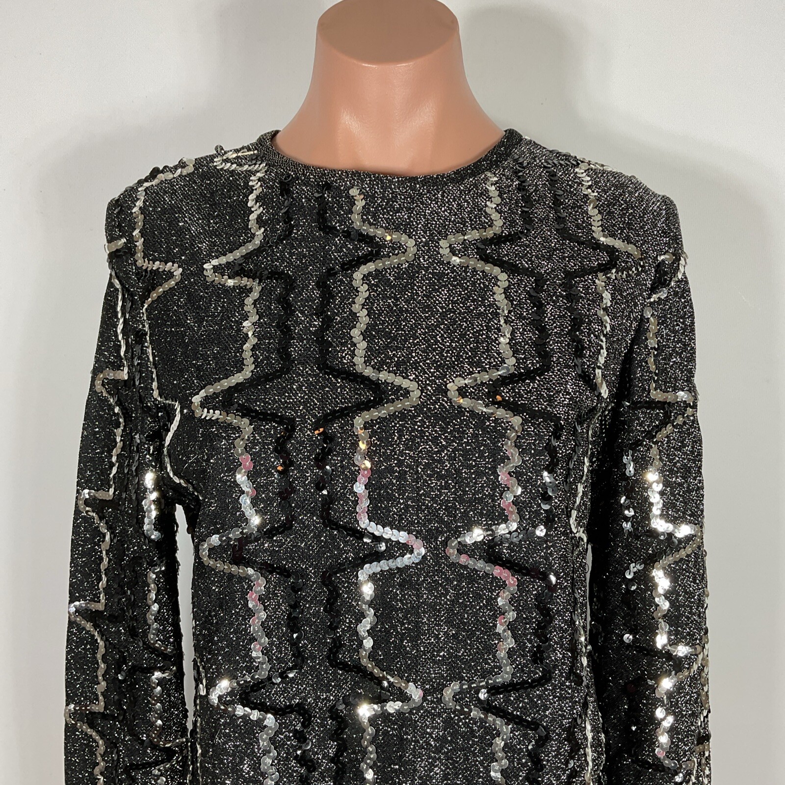 VTG 70s Elinor Gay original black silver sequin blouse top mid century sz 14 MOD