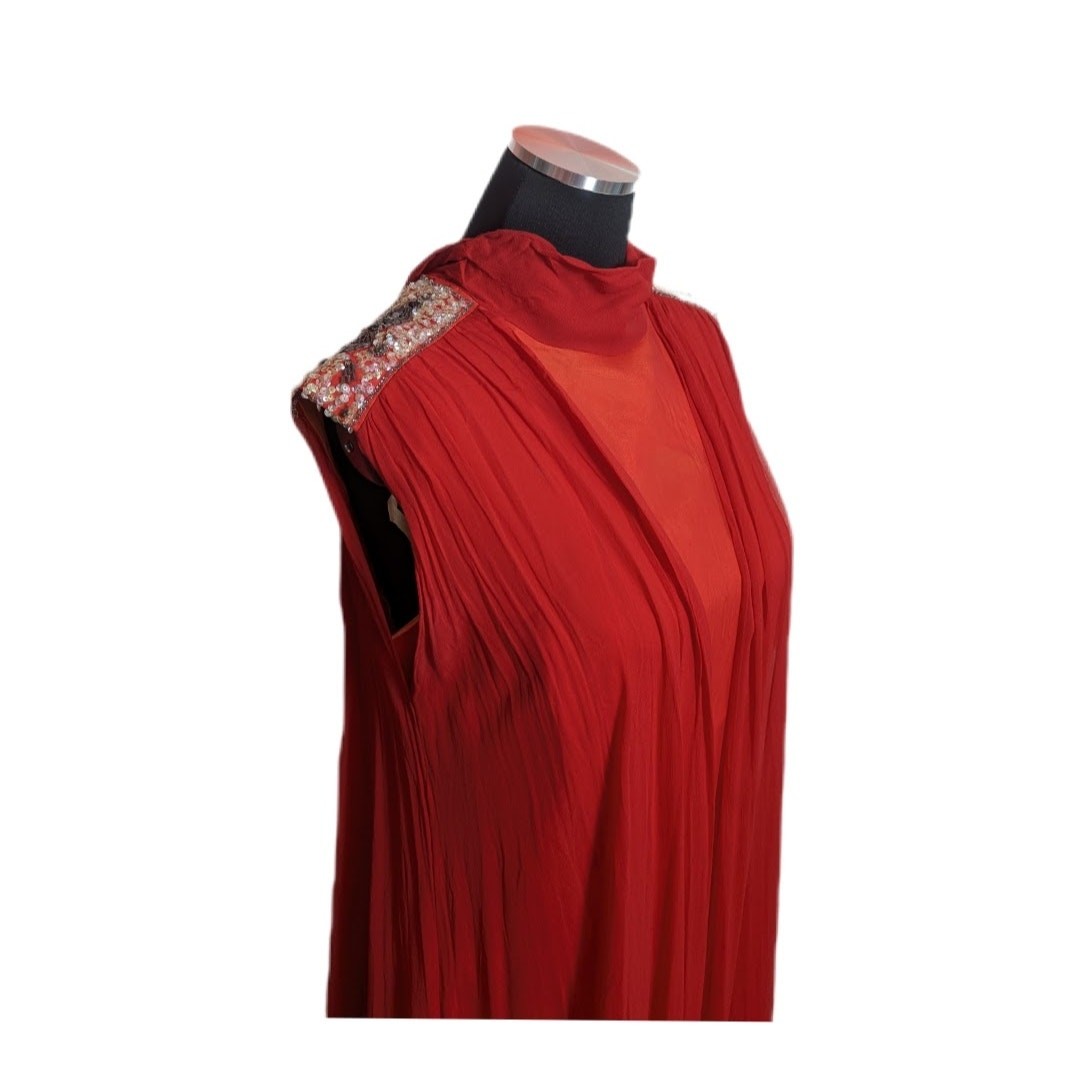 60s 70s Red Chiffon Embellished Formal Gown Dress Glamour Elegance Fits Large