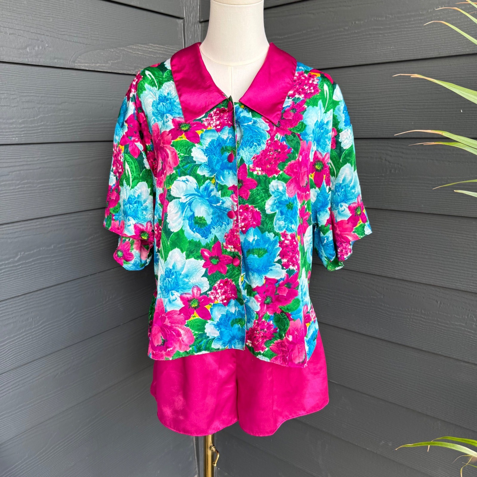 Vintage Victoria’s Secret Floral Satin Pajama Set Hot Pink Medium