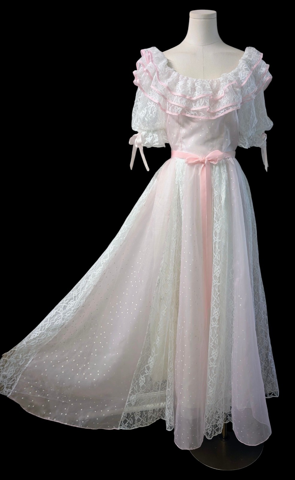 Vintage 60’s Pink Flocked Hearts White Lace Gown Dress Ruffles Southern Belle S