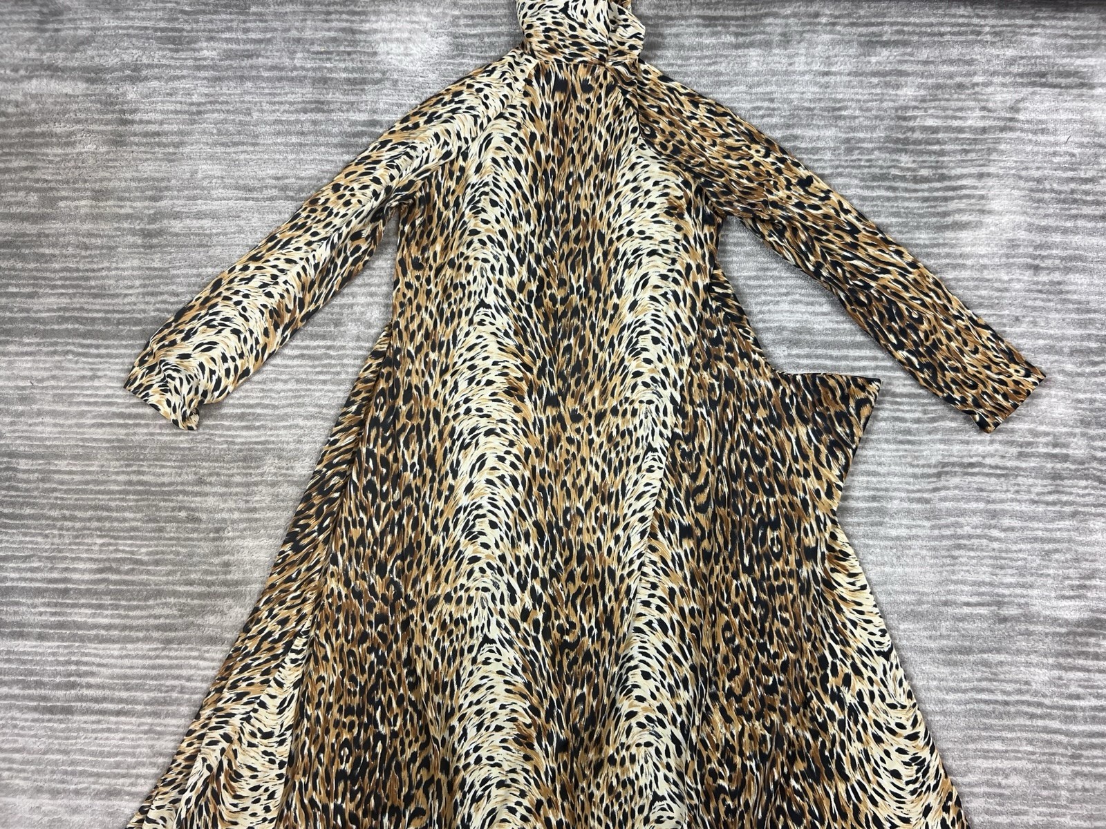 Vintage Elaine Sklar Dress Womens Med Brown Animal Print Long Sleeve Maxi Nylon