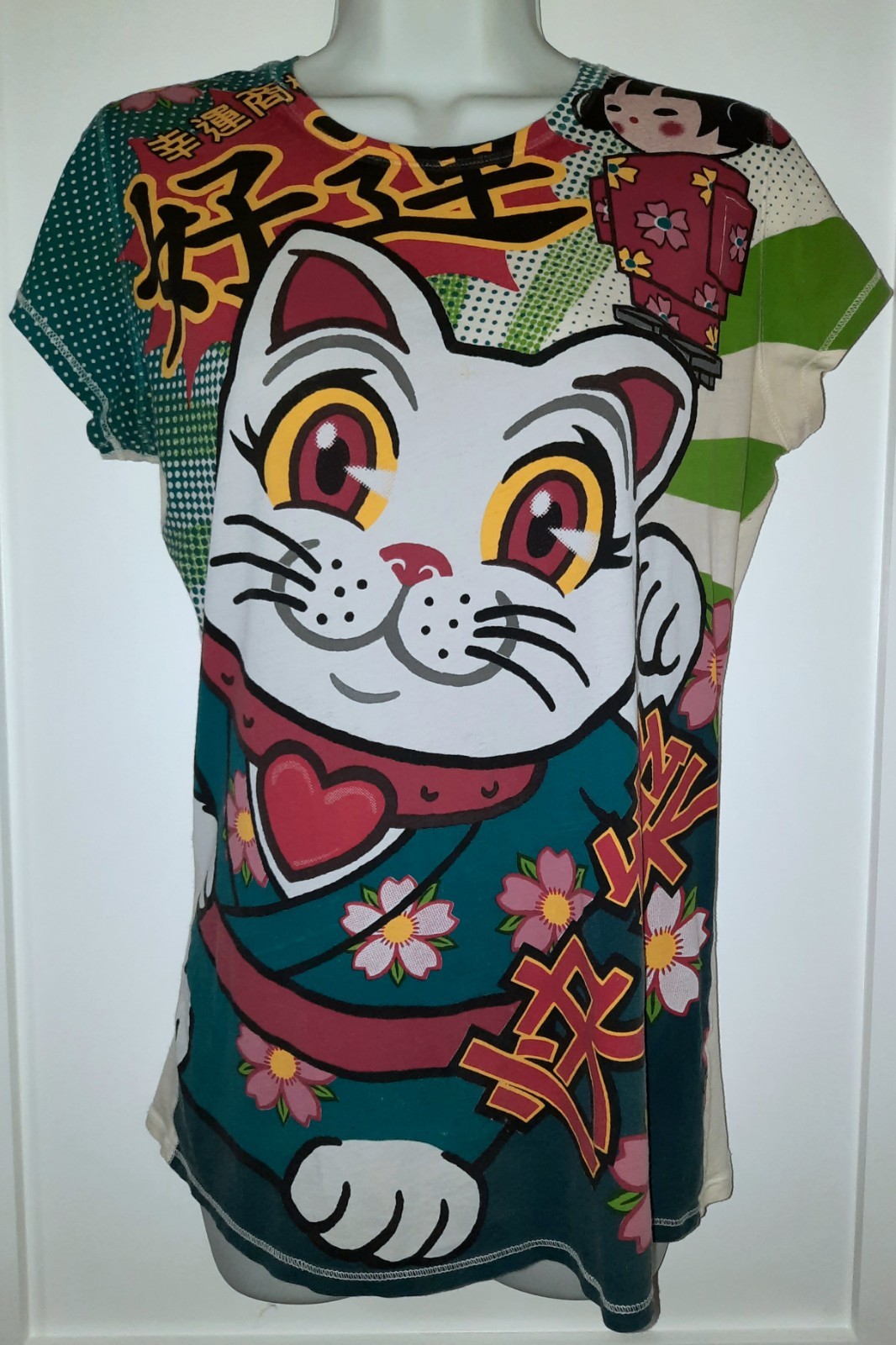 Lucky Brand Vintage Maneki-Neko Lucky Cat & Kokeshi Doll Jrs T-Shirt Sz L READ🌼